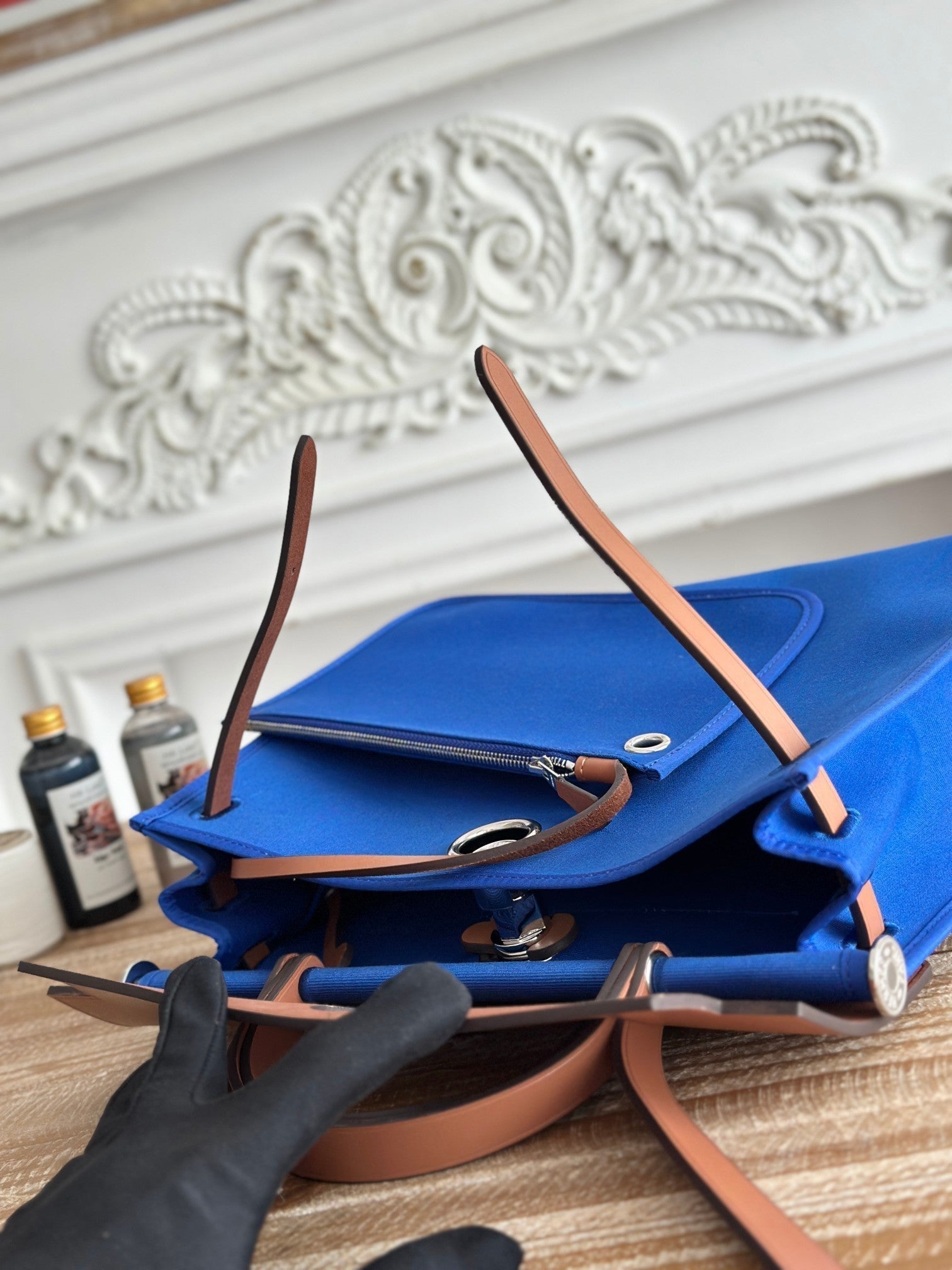 HERMES ZIP CABINE 31 BAG IN COBALT BLUE CANVAS AND BRONZE BROWN CALFSKIN