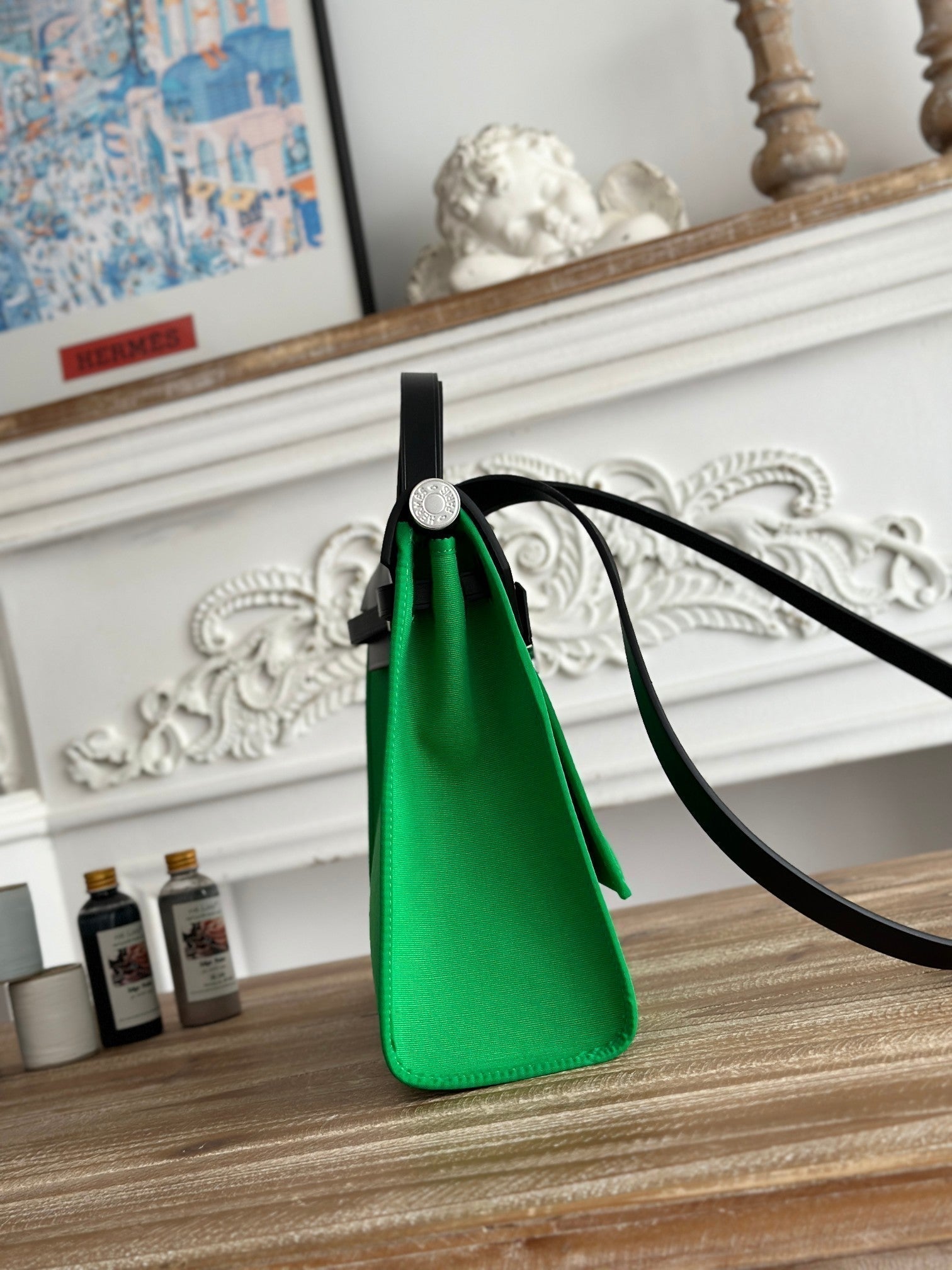 HERMES ZIP CABINE 31 BAG IN EMERALD GREEN CANVAS AND BLACK CALFSKIN