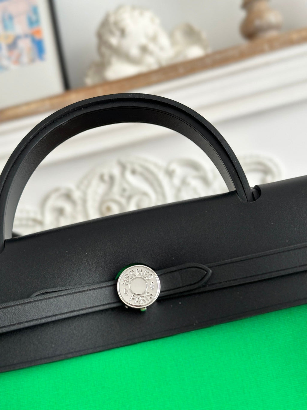 HERMES ZIP CABINE 31 BAG IN EMERALD GREEN CANVAS AND BLACK CALFSKIN