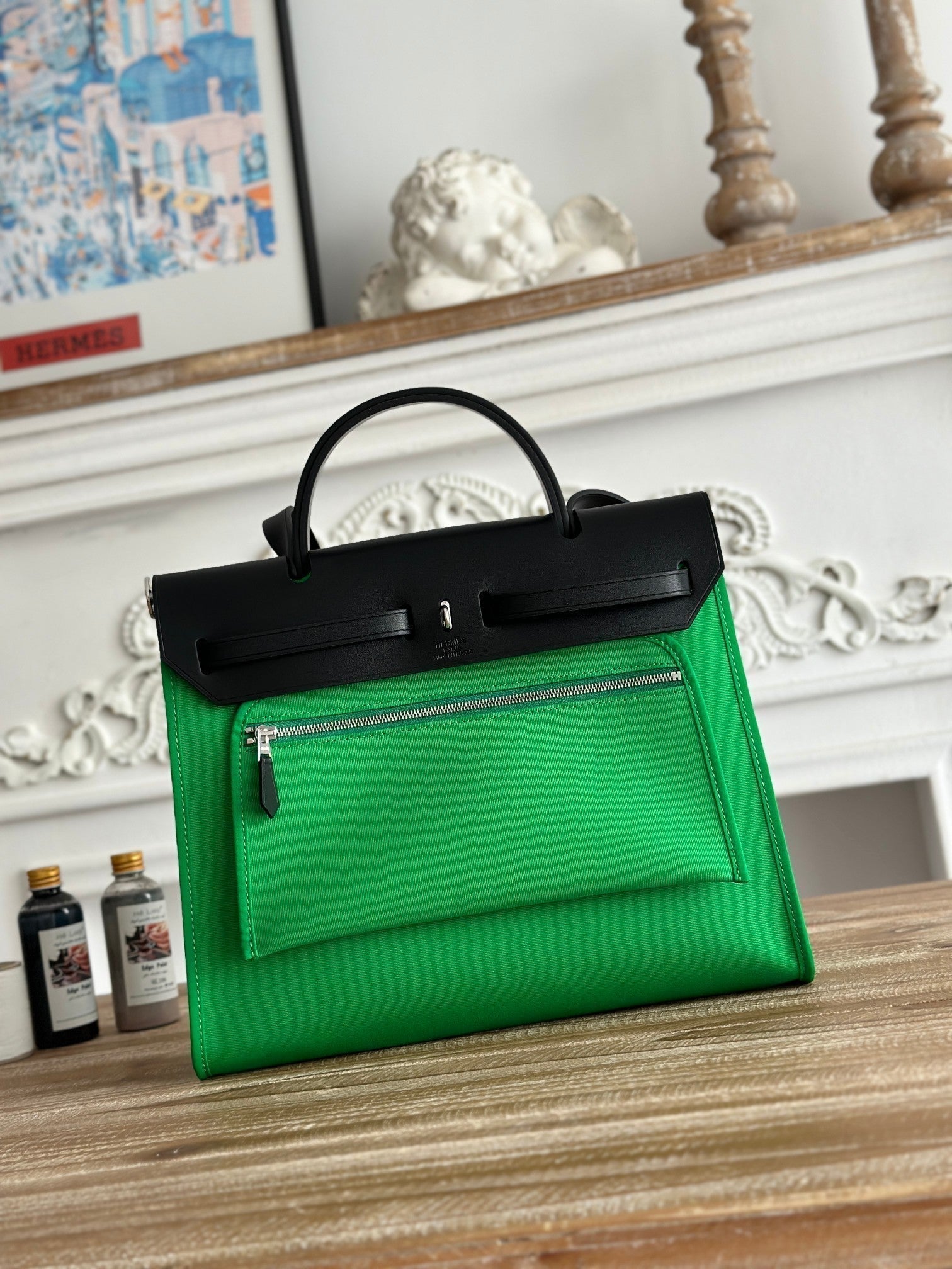 HERMES ZIP CABINE 31 BAG IN EMERALD GREEN CANVAS AND BLACK CALFSKIN