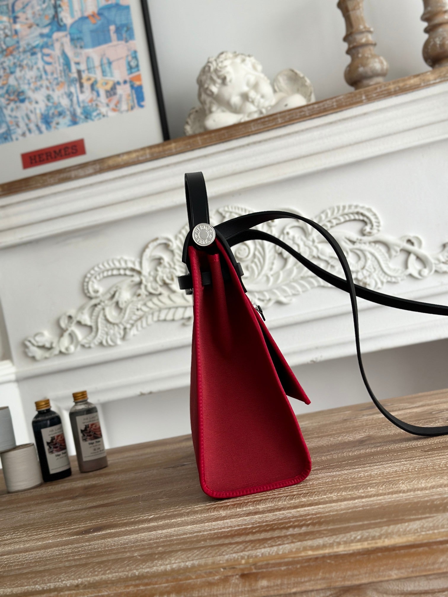 HERMES ZIP CABINE 31 BAG IN RUBY RED CANVAS AND BLACK CALFSKIN