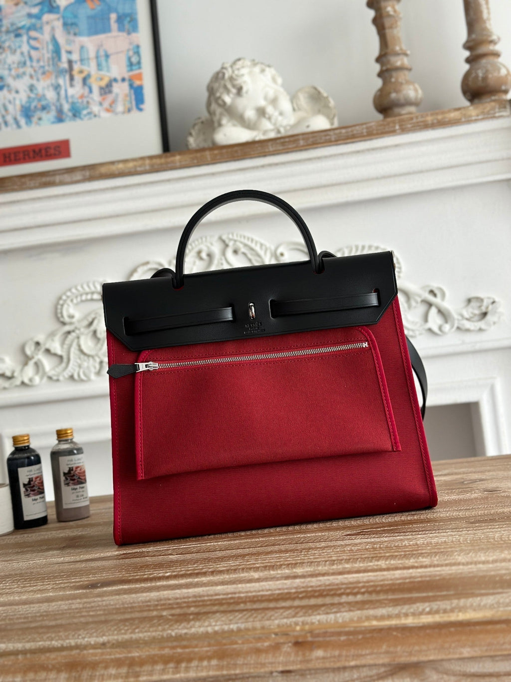 HERMES ZIP CABINE 31 BAG IN RUBY RED CANVAS AND BLACK CALFSKIN