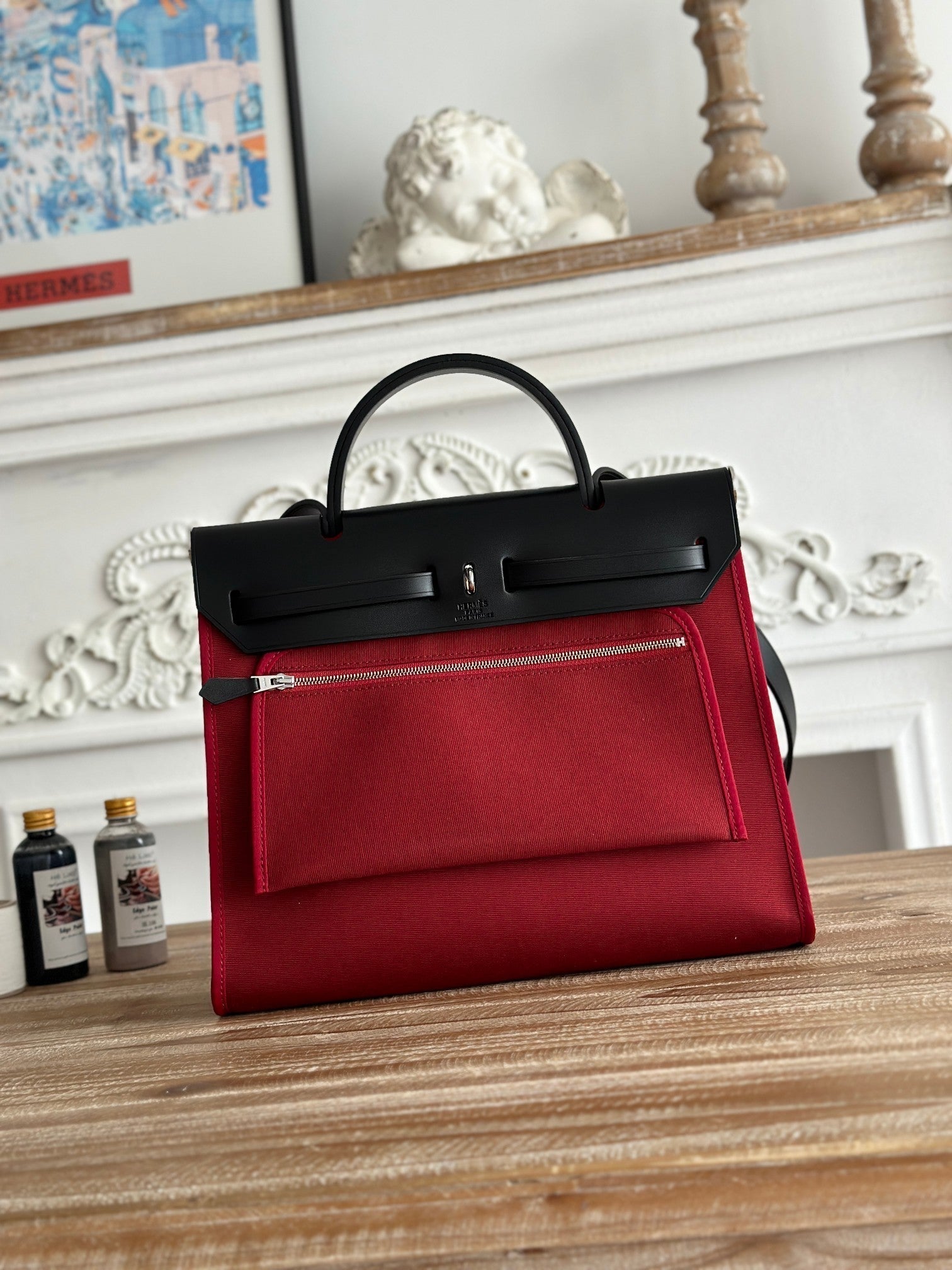 HERMES ZIP CABINE 31 BAG IN RUBY RED CANVAS AND BLACK CALFSKIN