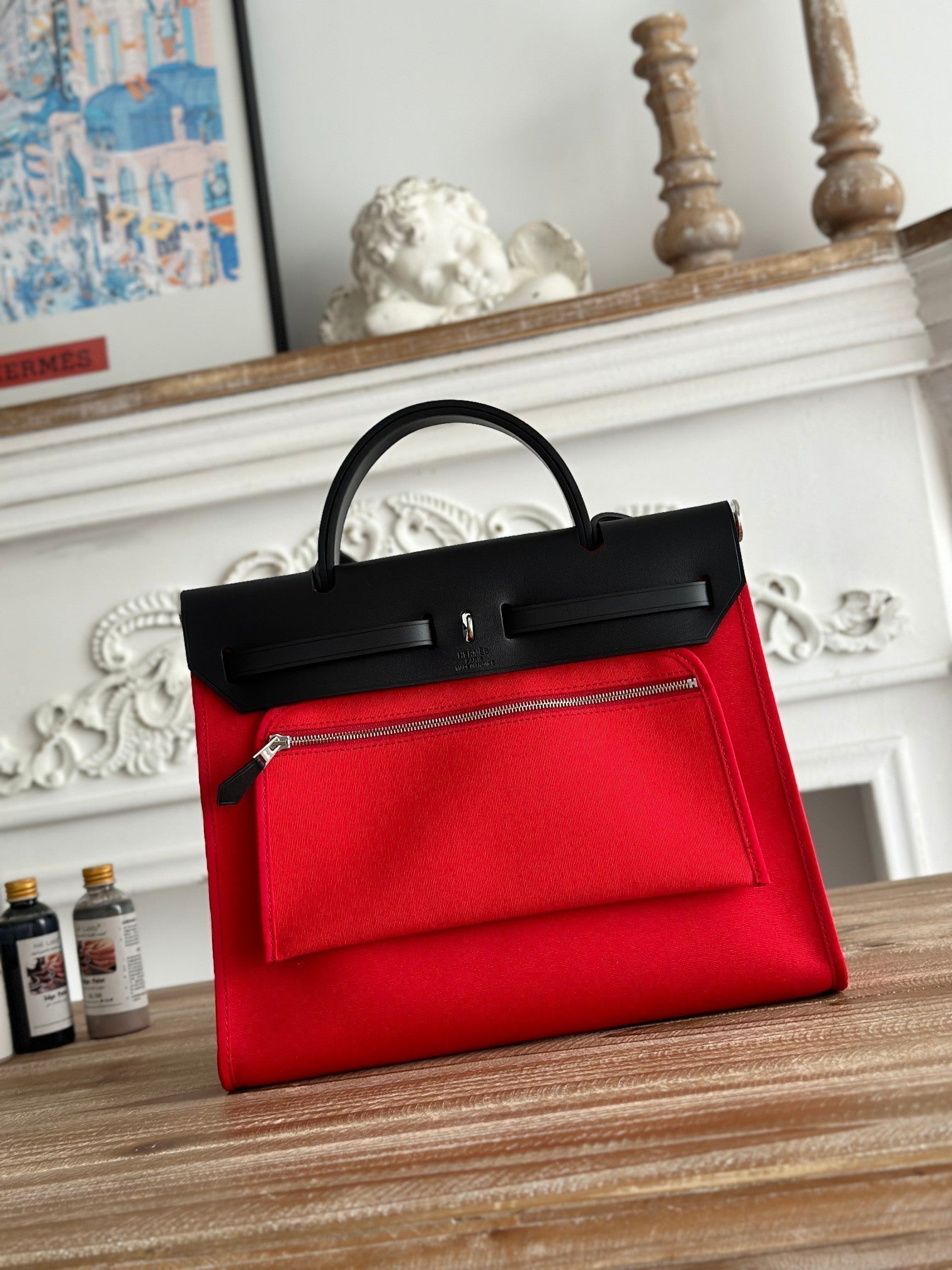 HERMES ZIP CABINE 31 BAG IN CLASSIC RED CANVAS AND BLACK CALFSKIN