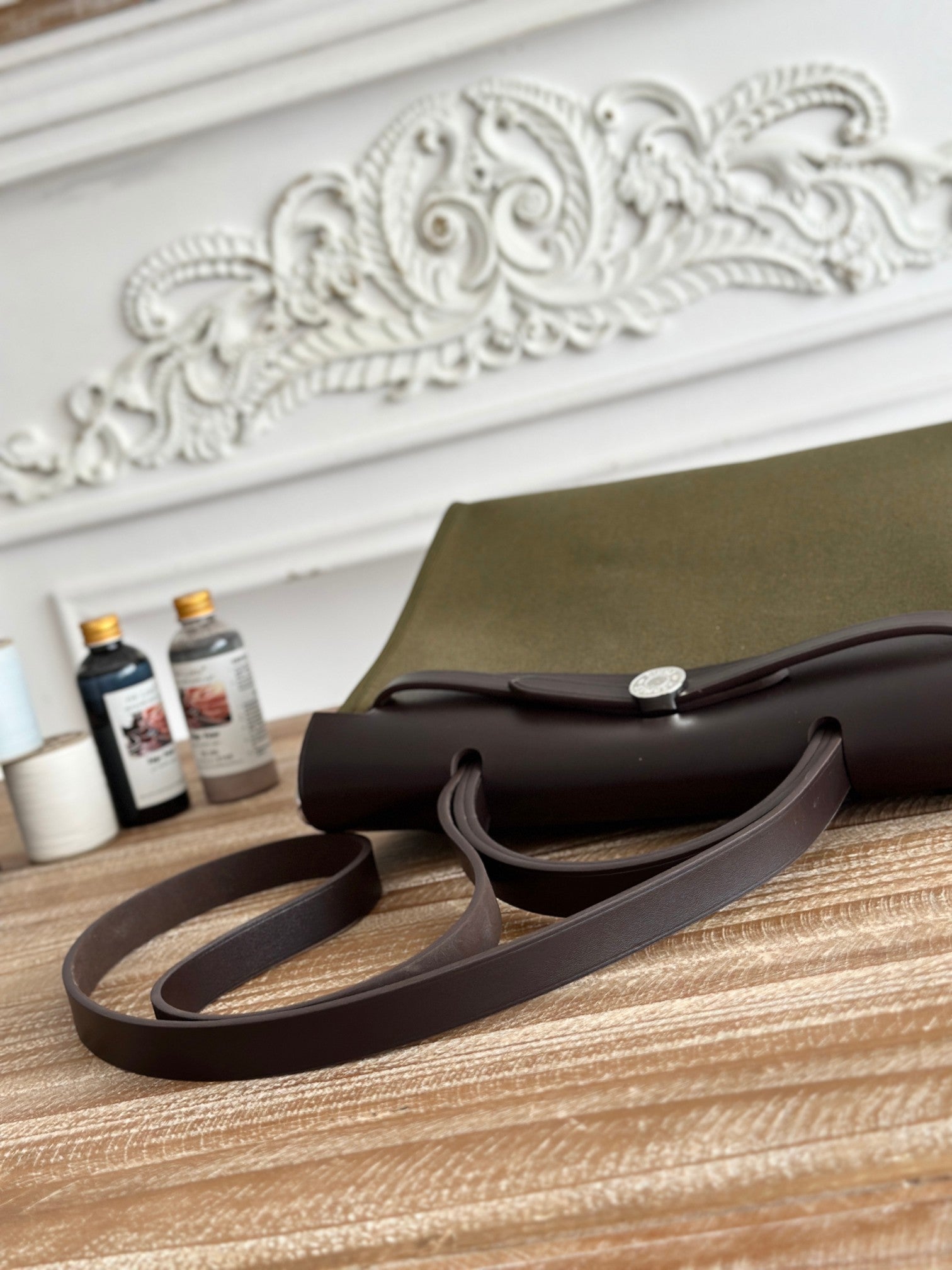HERMES ZIP CABINE 31 BAG IN OLIVE GREEN CANVAS AND BLACK CALFSKIN