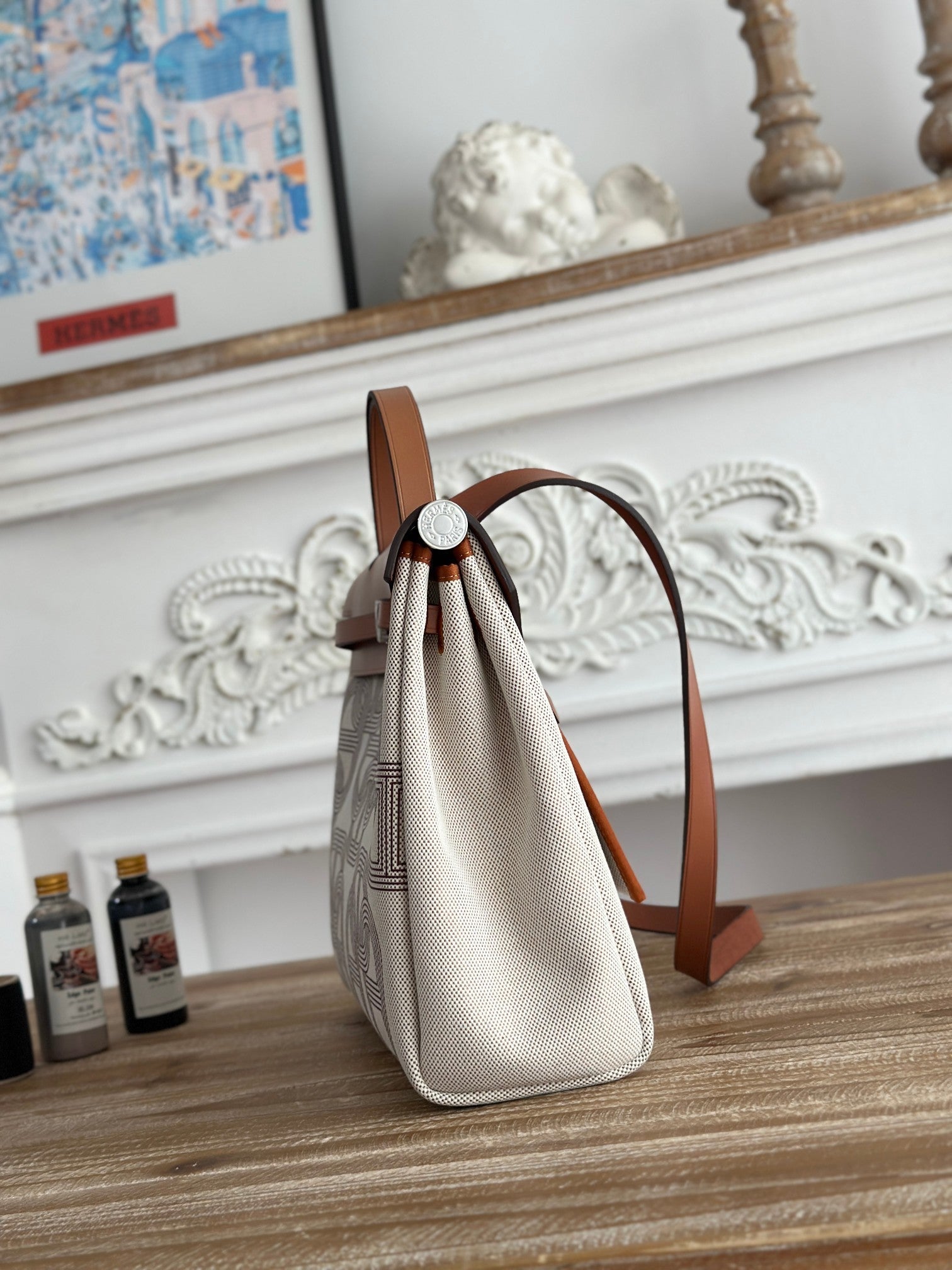 HERMES HERBAG ZIP 31 LAQUERED BAG IN OFF-WHITE MIX BROWN H PLUME CANVAS AND BROWN COWHIDE