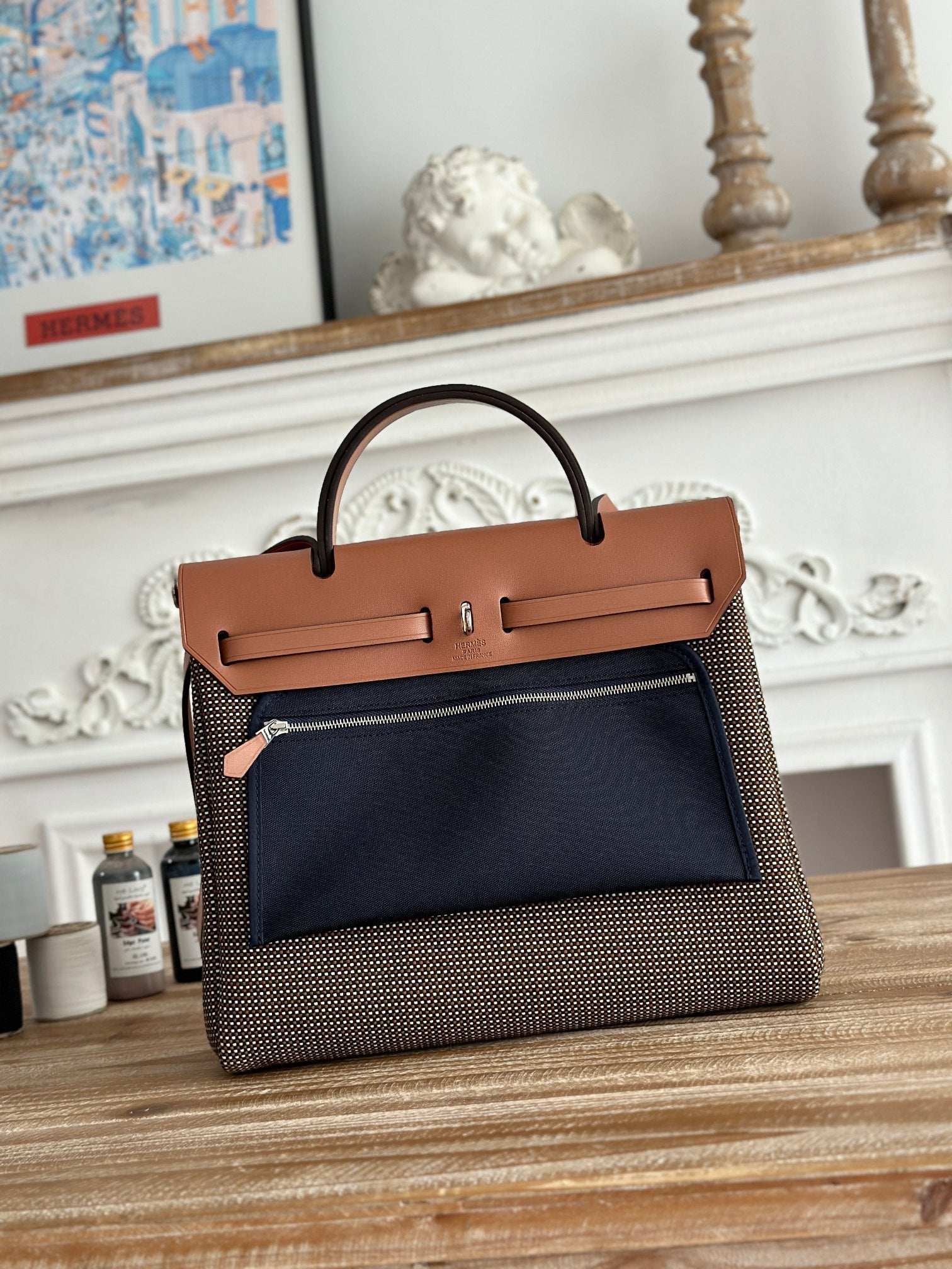 HERMES HERBAG MESSENGER 31 BAG IN DARK BROWN H VIKING CANVAS AND COWHIDE