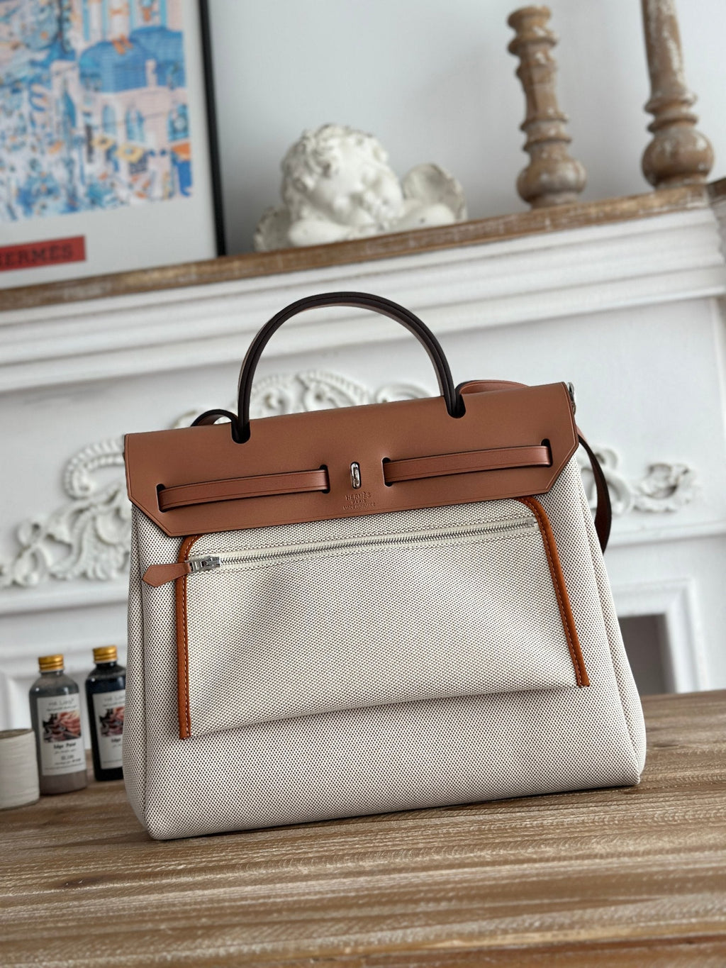 HERMES HERBAG ZIP 31 LAQUERED BAG IN OFF-WHITE MIX RED H PLUME CANVAS
