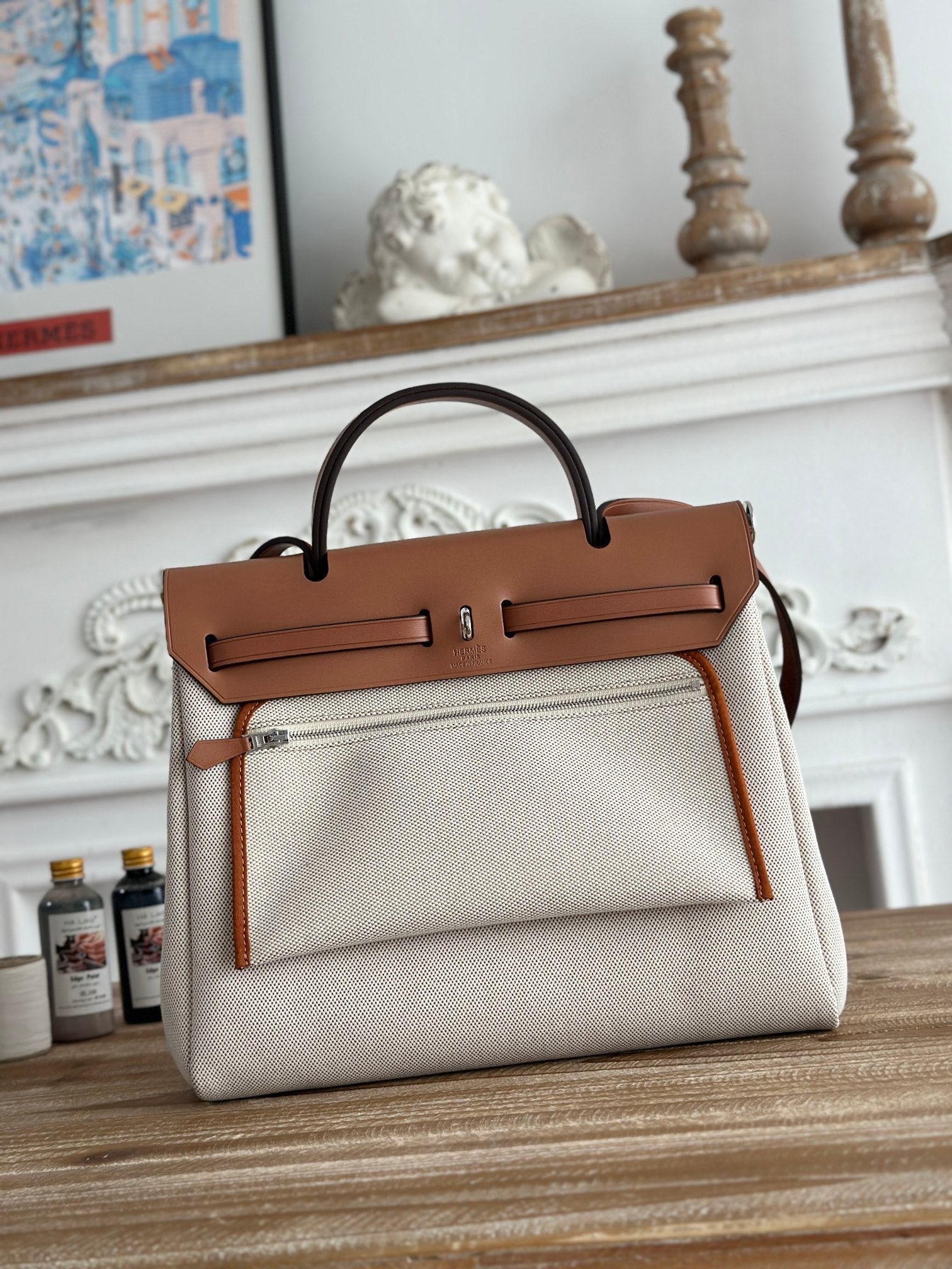 HERMES HERBAG ZIP 31 LAQUERED BAG IN OFF-WHITE MIX RED H PLUME CANVAS