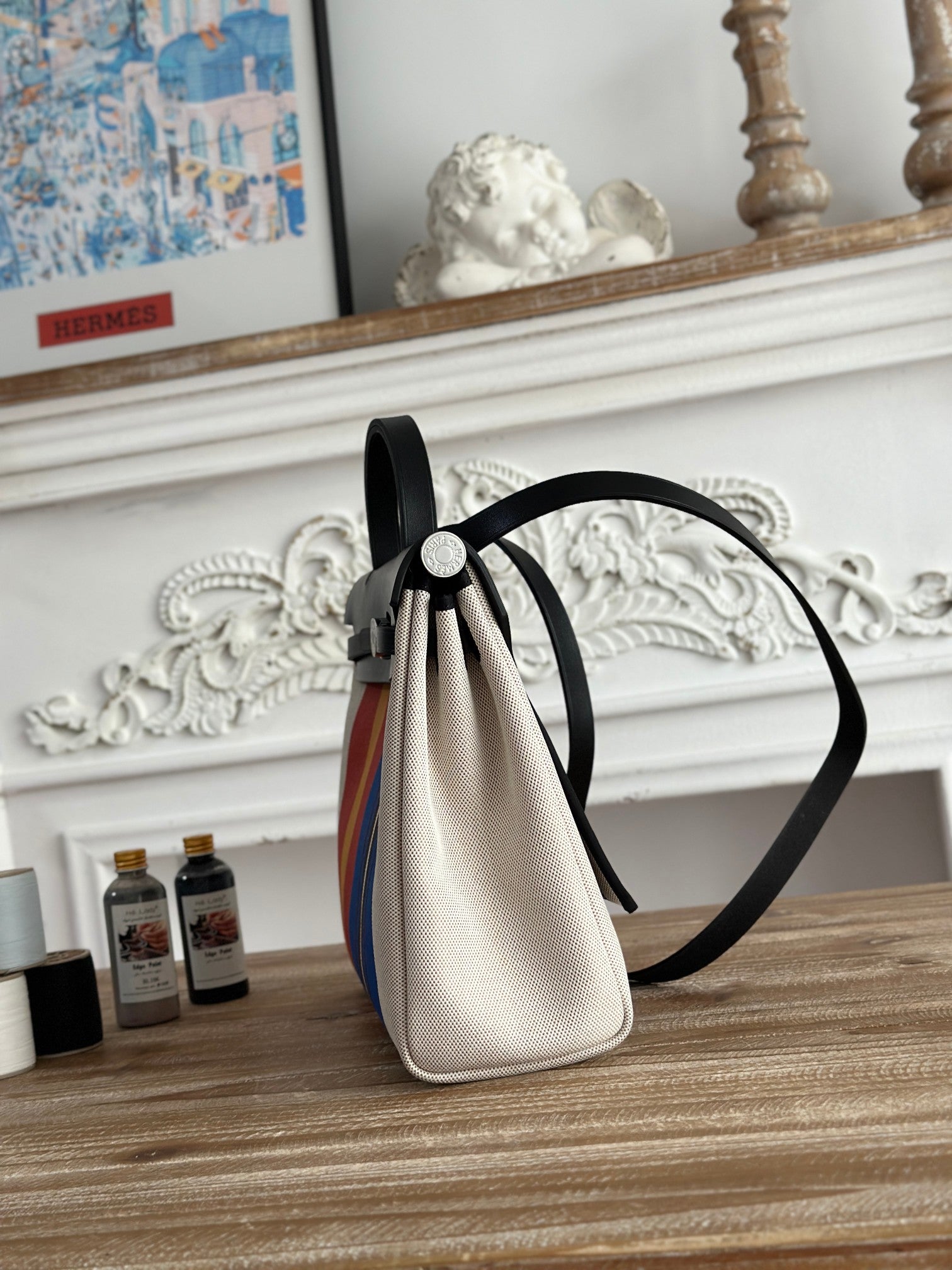 HERMES HERBAG ZIP 31 LAQUERED BAG IN BLUE MIX RED H PLUME CANVAS