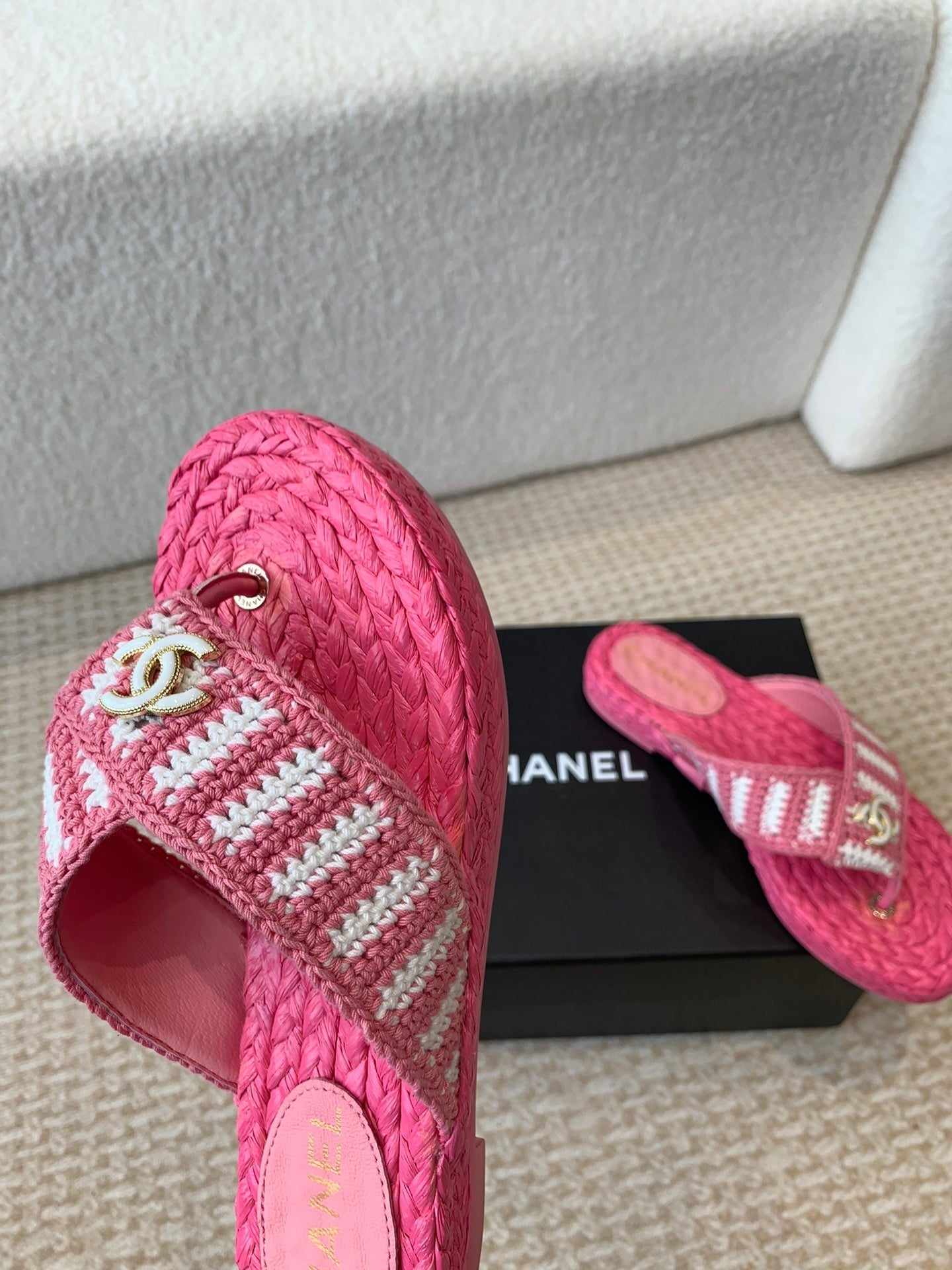 CHANEL Double C Hottest Knit Flip-Flops Bright Pink