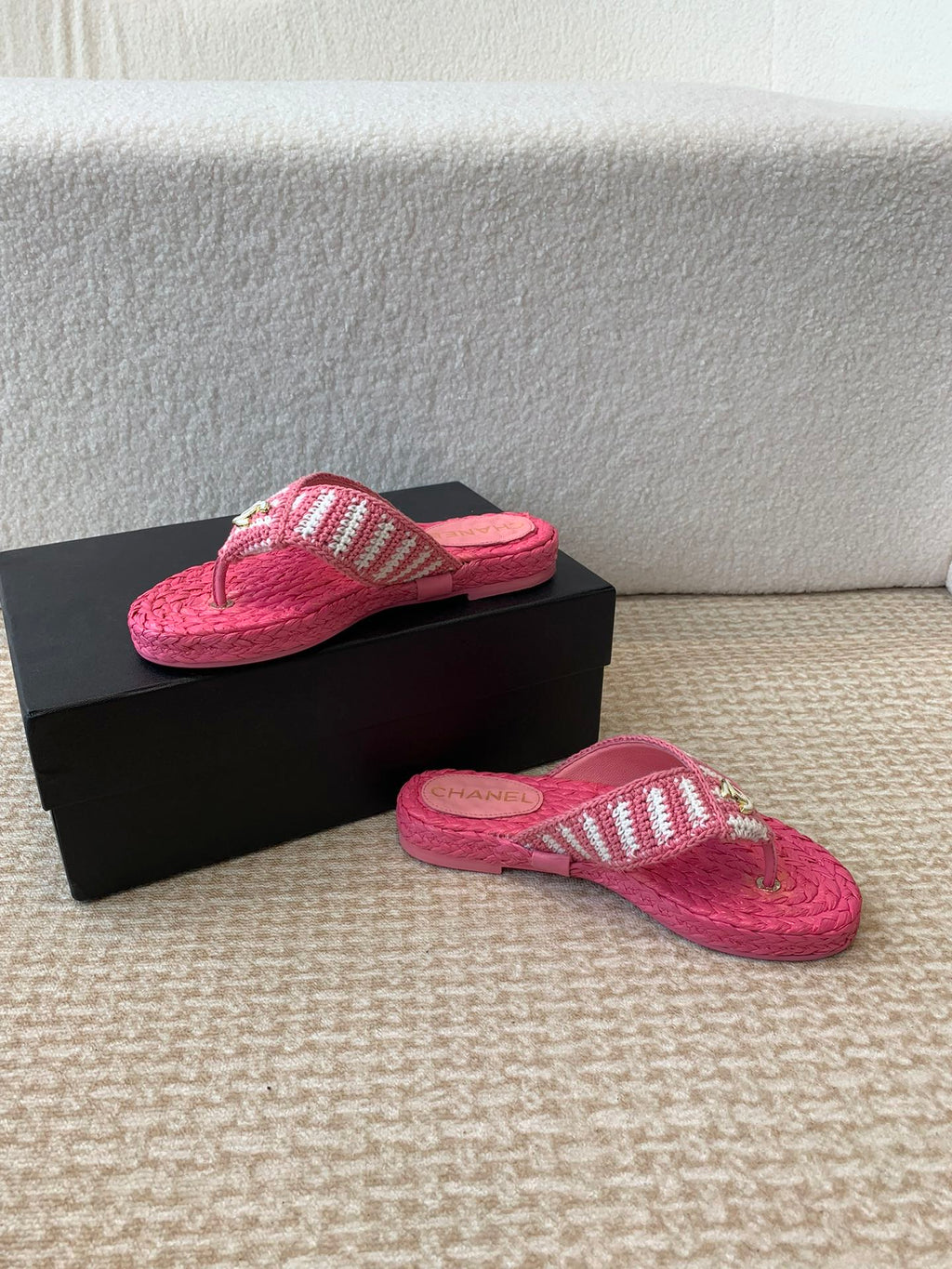 CHANEL Double C Hottest Knit Flip-Flops Bright Pink