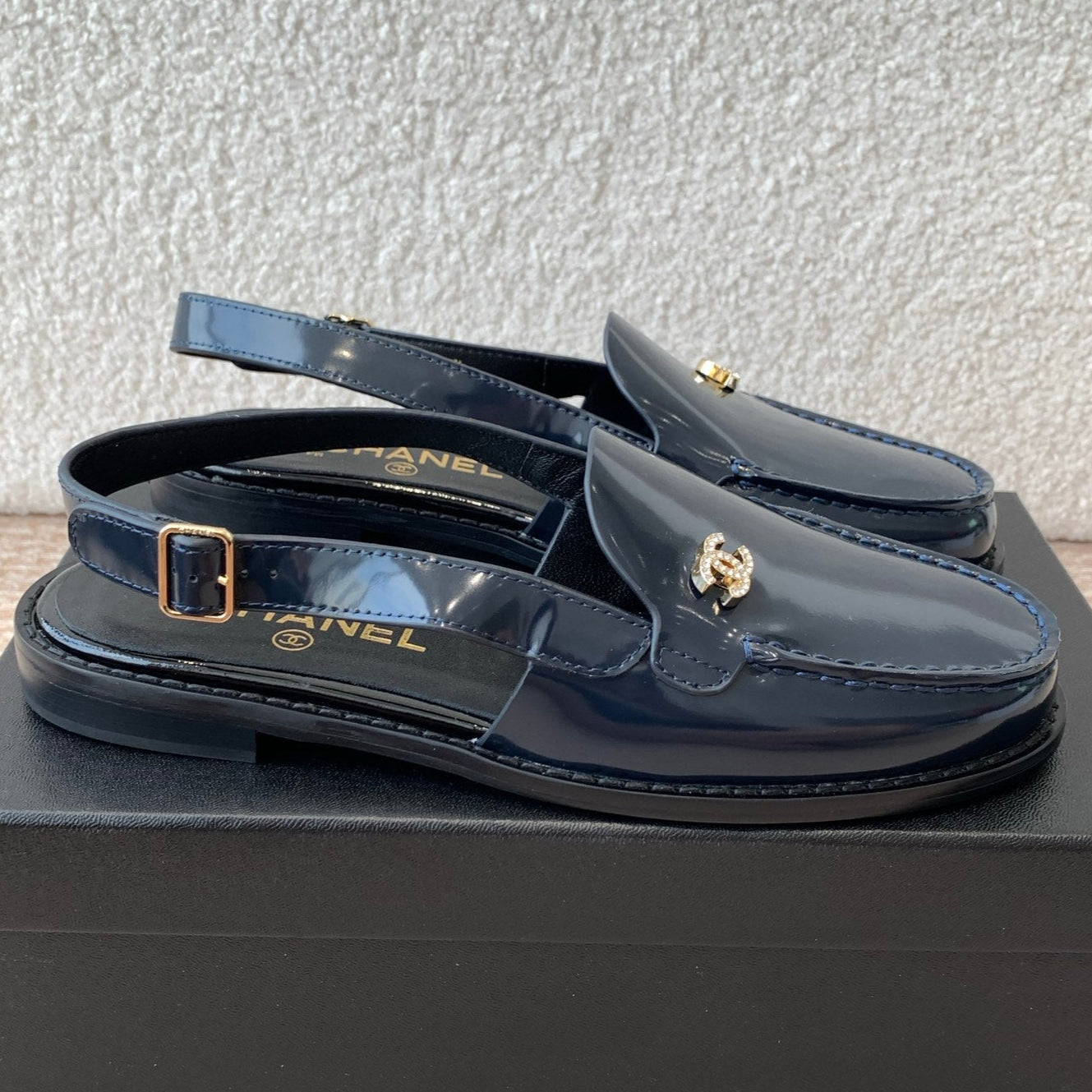 CHANEL MOASIN SLINGBACK IN AEGEAN BLUE PATENT CALFSKIN