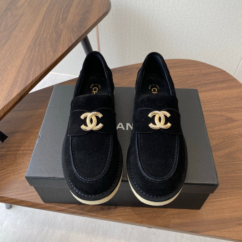 CHANEL LOAFERS IN BLACK SUEDE GOLD HARDWARE