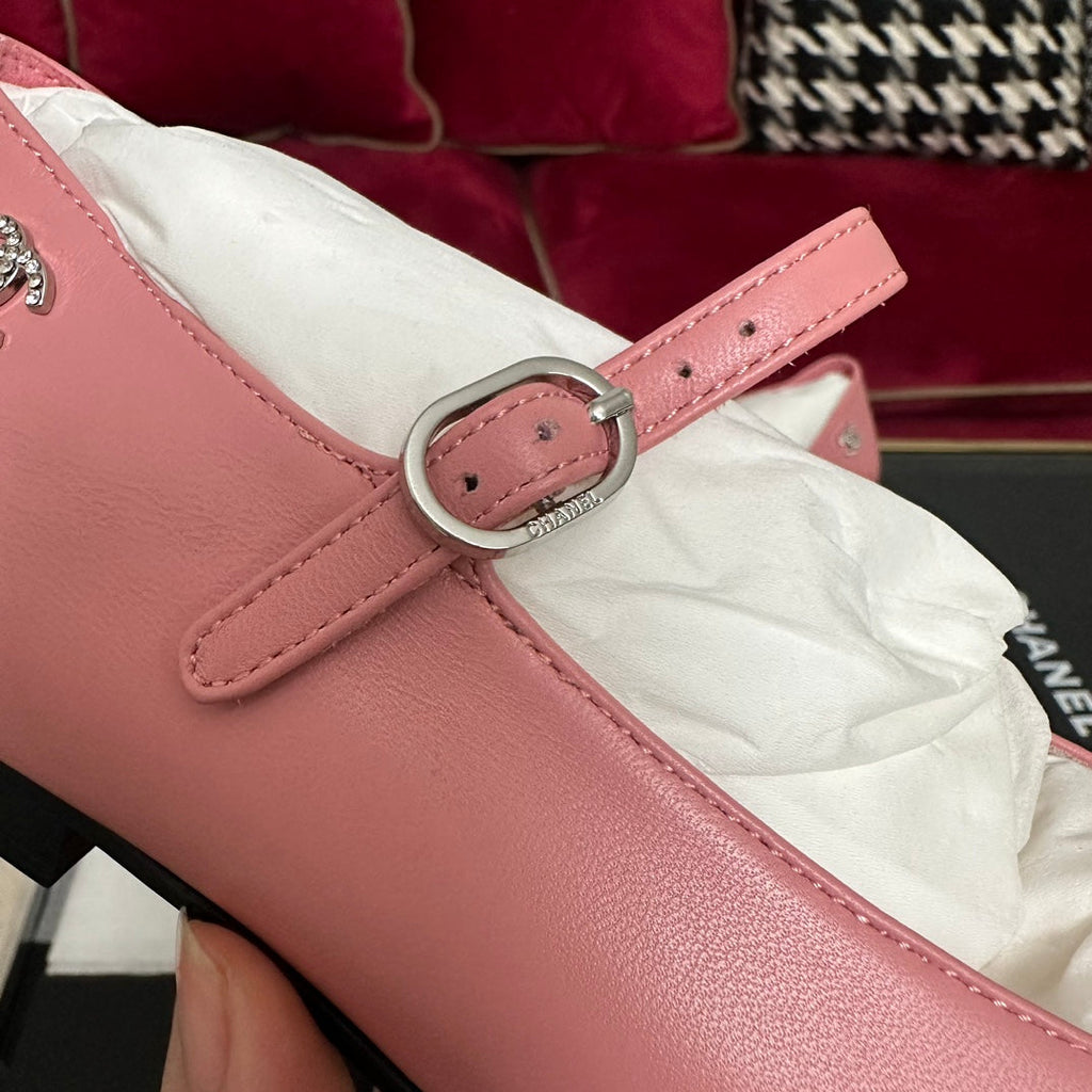 CHANEL MARY JANE HOT PINK CALFSKIN AND BLACK SATIN