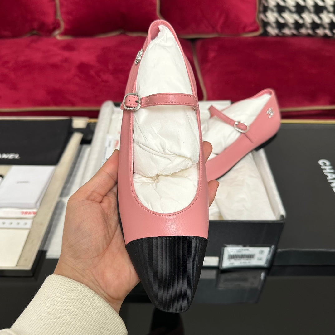 CHANEL MARY JANE HOT PINK CALFSKIN AND BLACK SATIN