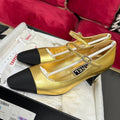 CHANEL HIGH MARY JANE IN GOLDEN CALFSKIN AND BLACK SATIN