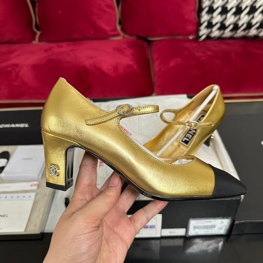 CHANEL HIGH MARY JANE IN GOLDEN CALFSKIN AND BLACK SATIN