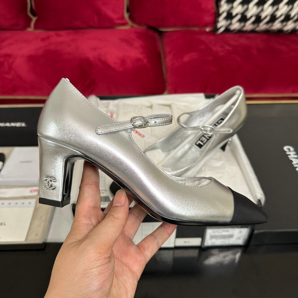 CHANEL HIGH MARY JANE IN SILVER CALFSKIN AND BLACK SATIN