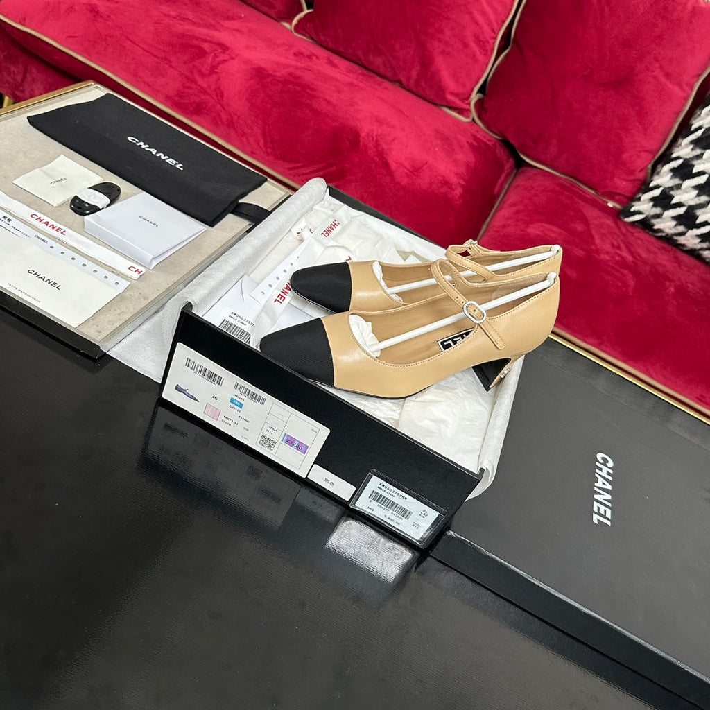CHANEL HIGH MARY JANE IN DARK CREAM CALFSKIN AND BLACK SATIN