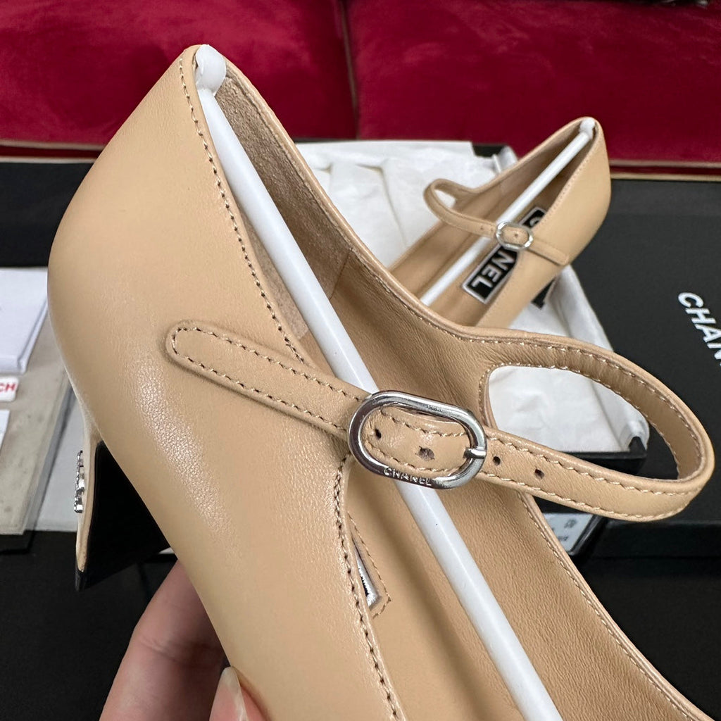 CHANEL HIGH MARY JANE IN DARK CREAM CALFSKIN AND BLACK SATIN