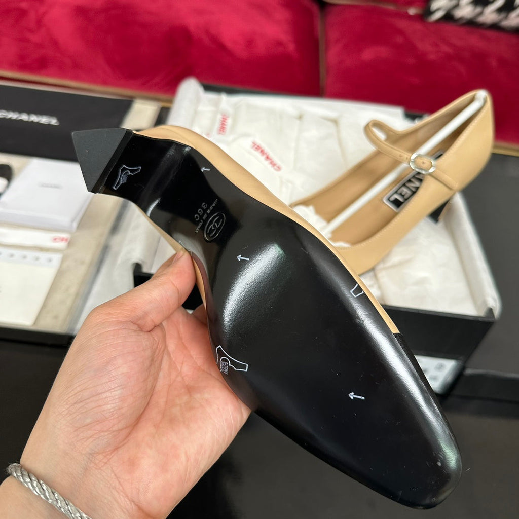 CHANEL HIGH MARY JANE IN DARK CREAM CALFSKIN AND BLACK SATIN