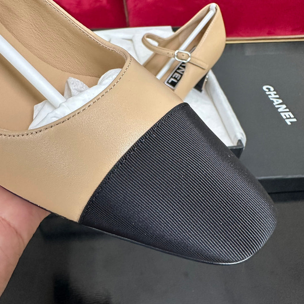 CHANEL HIGH MARY JANE IN DARK CREAM CALFSKIN AND BLACK SATIN