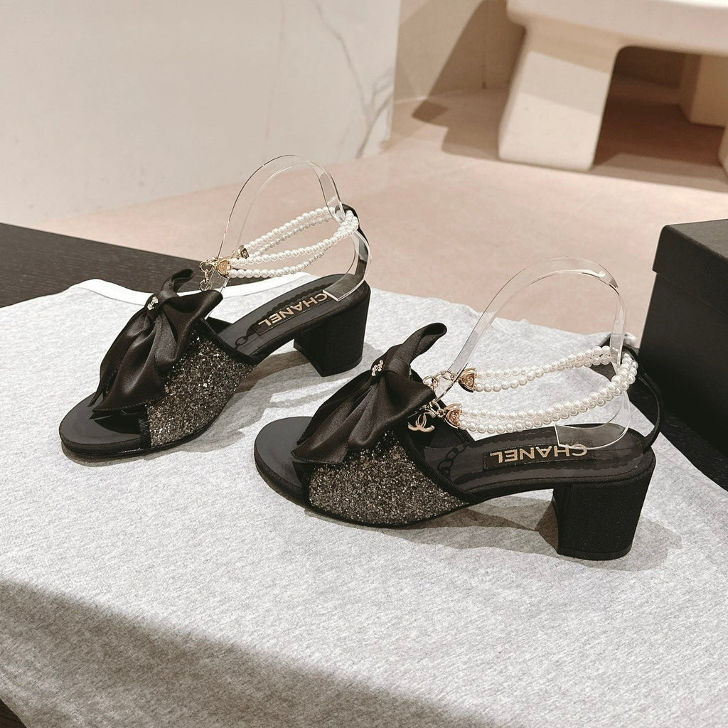 CHANEL HIGH SANDAL WITH PEARL CHAIN BLACK LAMBSKIN WITH RHINESTONES