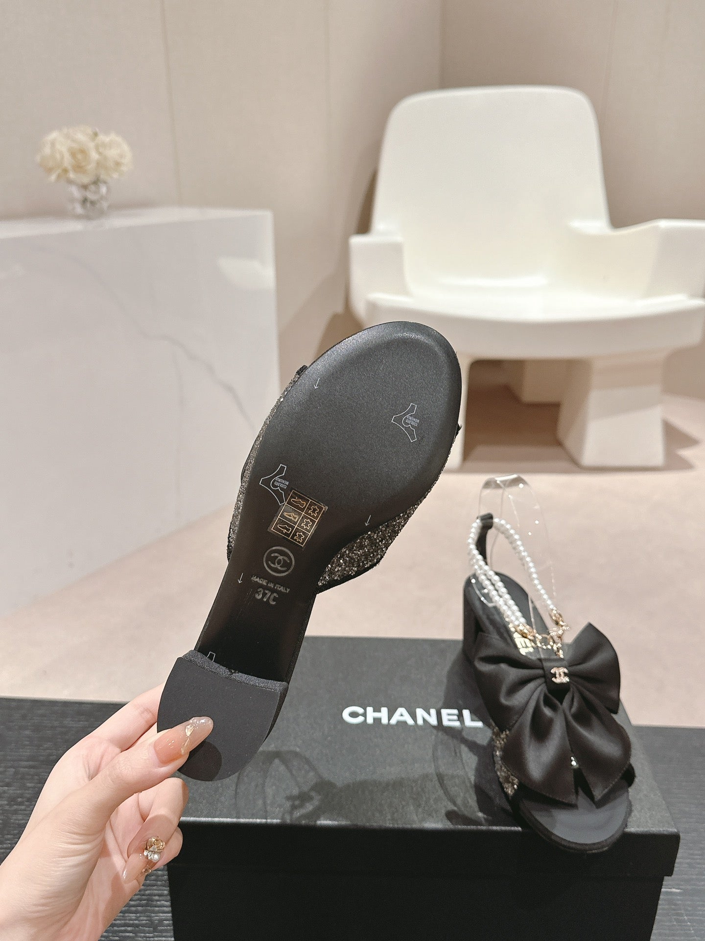 CHANEL HIGH SANDAL WITH PEARL CHAIN BLACK LAMBSKIN WITH RHINESTONES