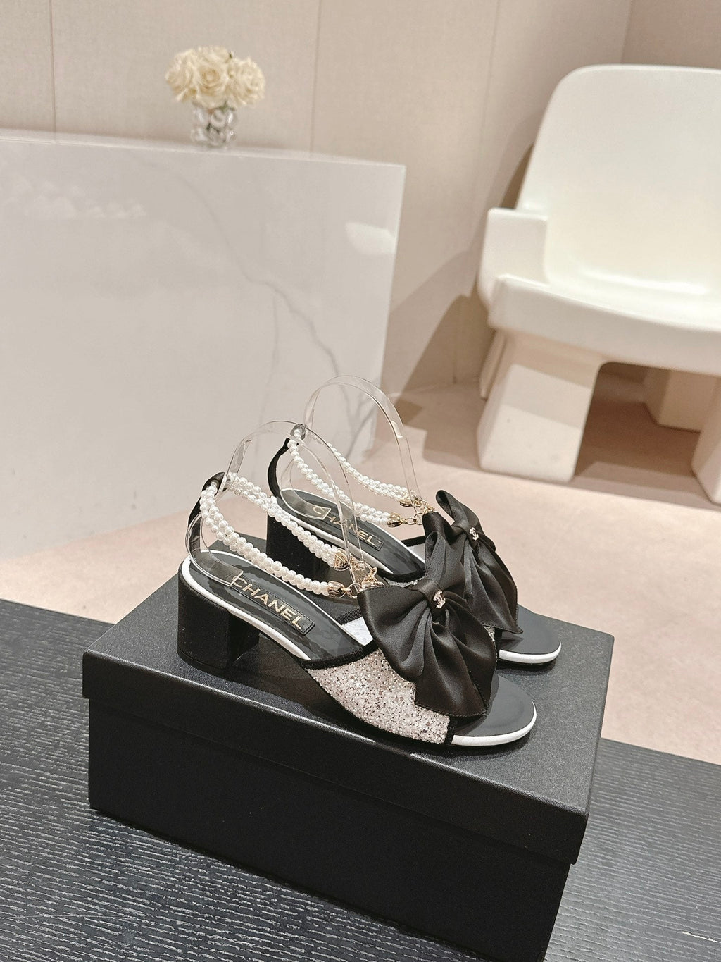 CHANEL HIGH SANDAL WITH PEARL CHAIN BLACK LAMBSKIN WITH WHITE RHINESTONES