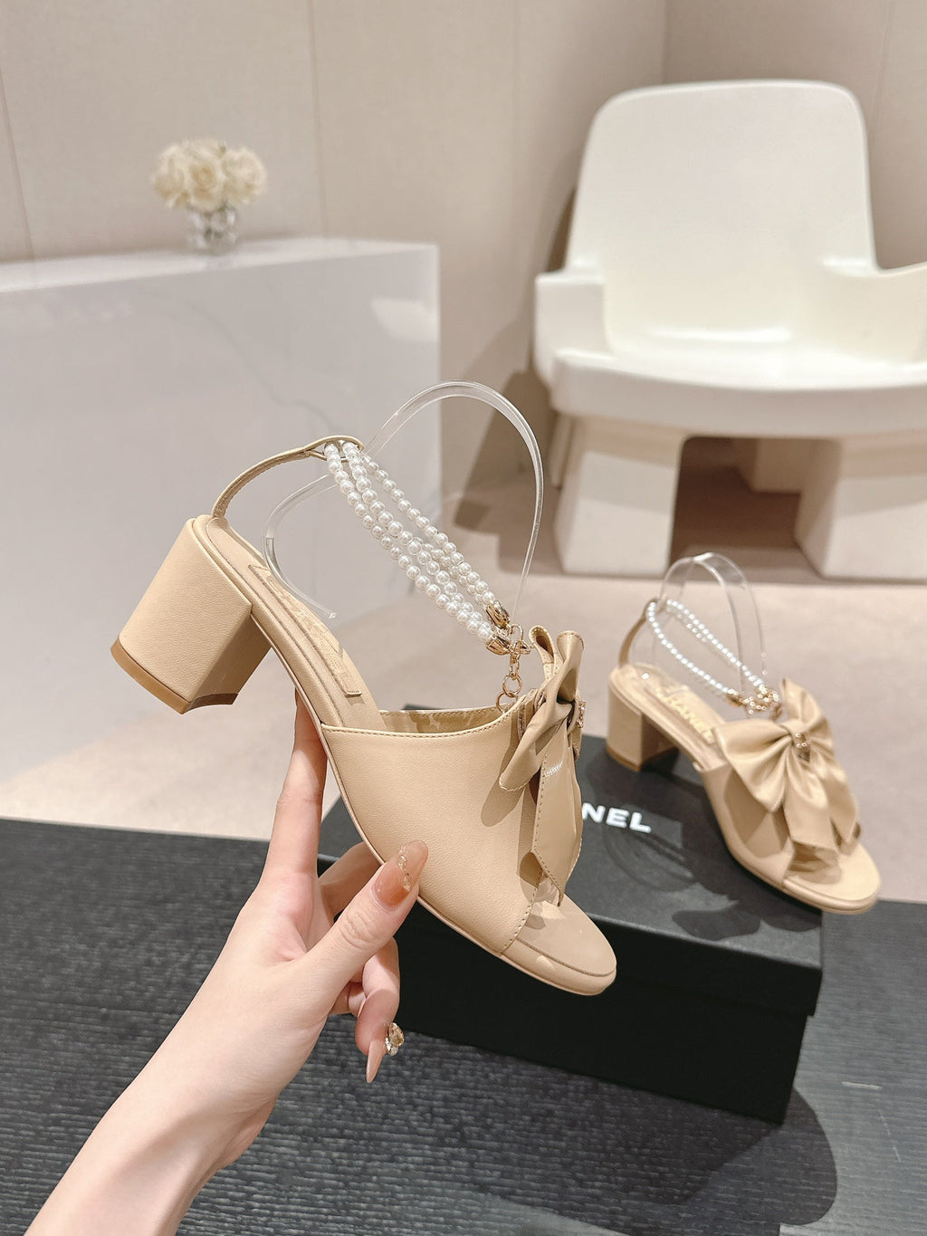 CHANEL HIGH SANDAL WITH PEARL CHAIN IN BEIGE CREAM LAMBSKIN