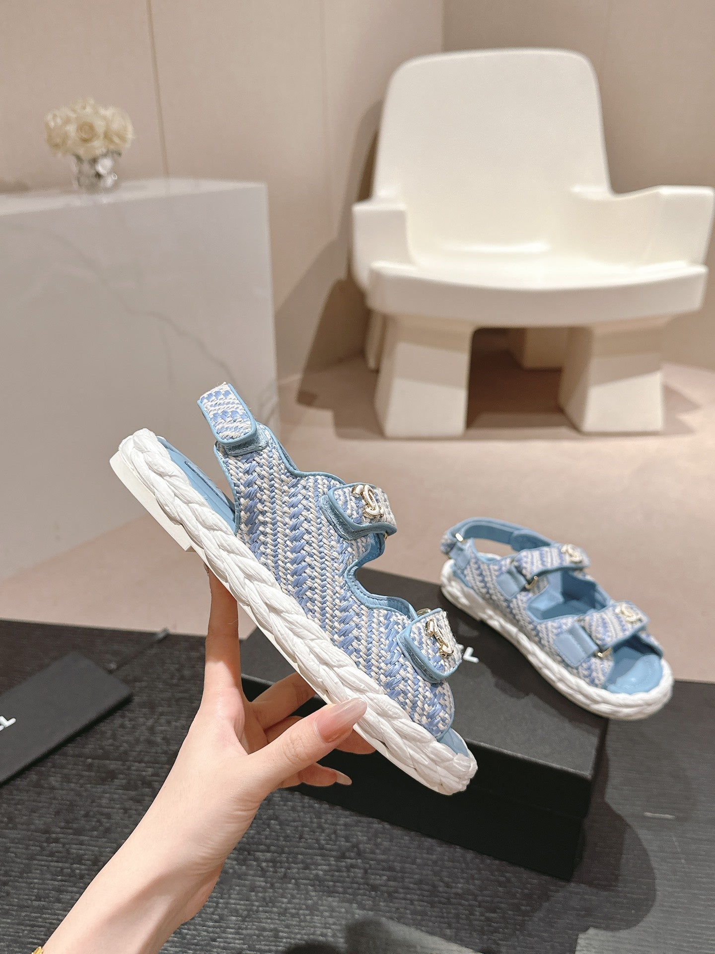 CHANEL DAD SANDALS IN LIGHT BLUE CALFSKIN