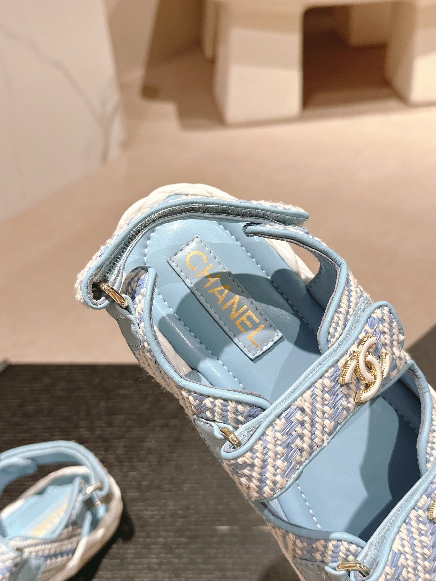 CHANEL DAD SANDALS IN LIGHT BLUE CALFSKIN
