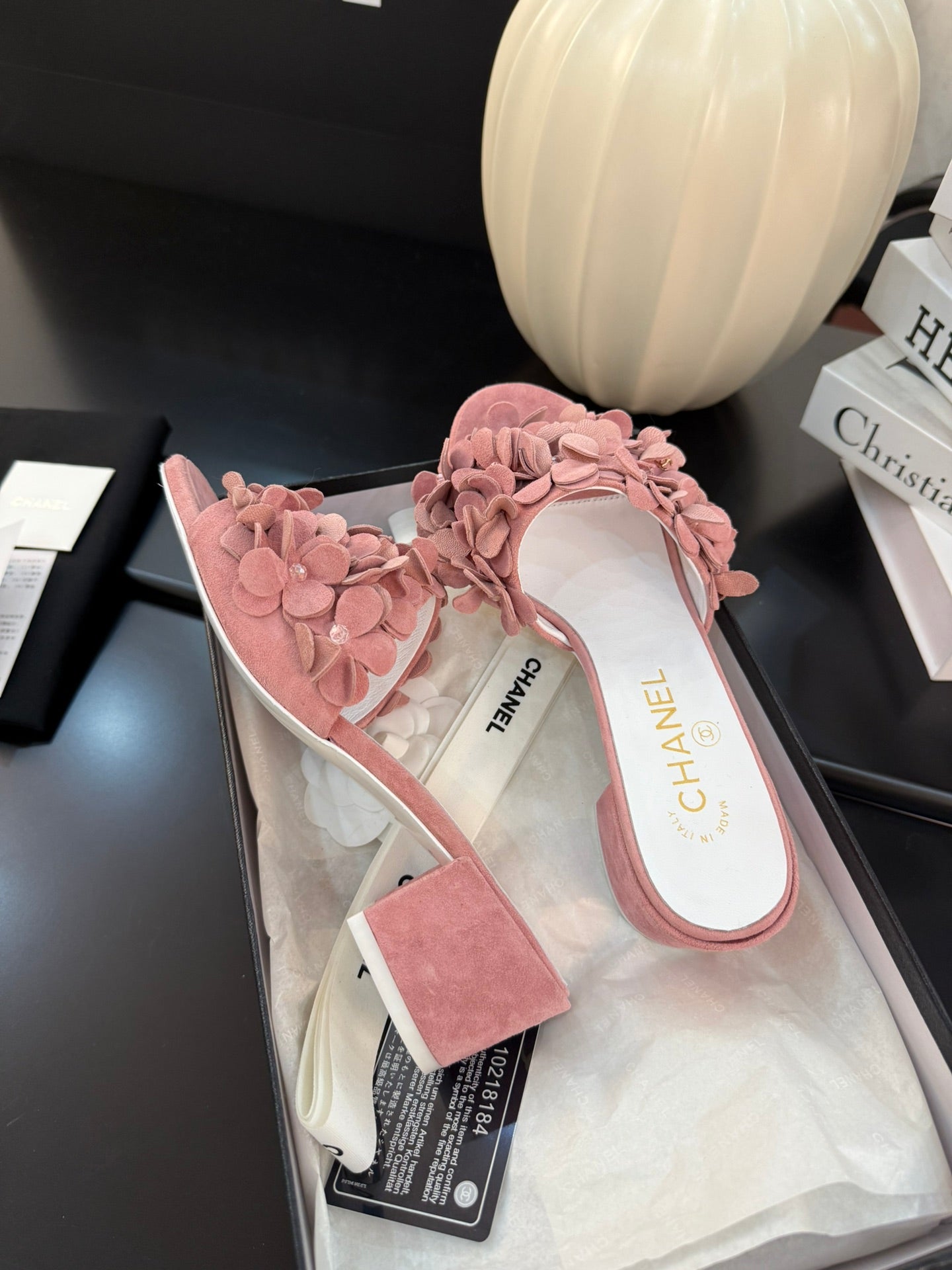 CHANEL MID HEEL 45 MM MULE IN PEACH PINK SUEDE