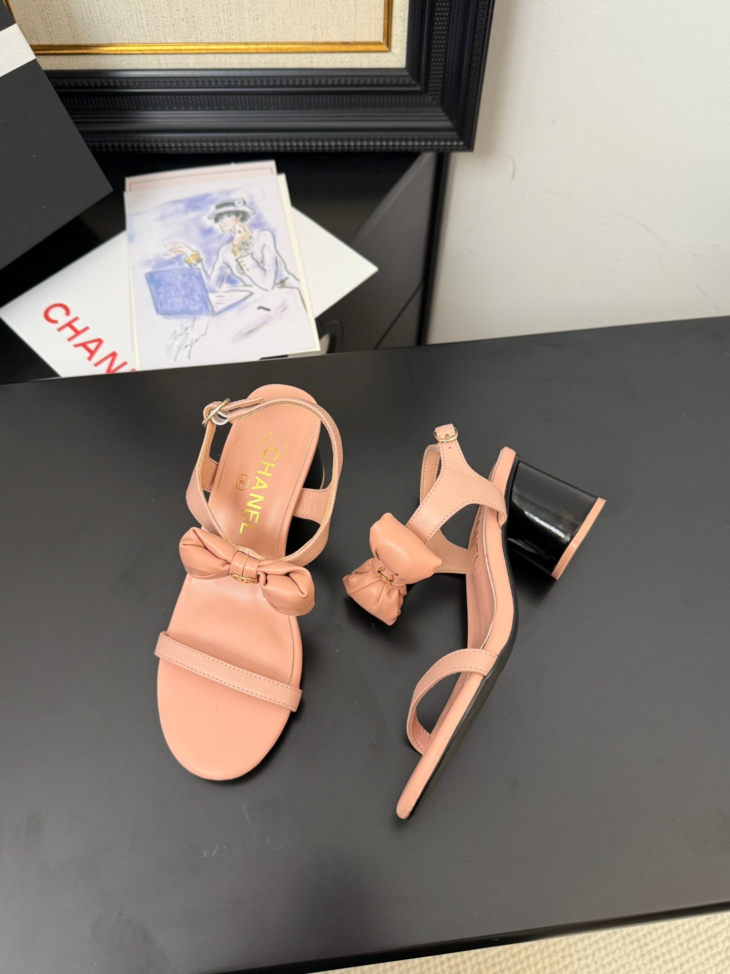 CHANEL MID HEEL 45 MM SANDALS IN PEACH PINK CALFSKIN