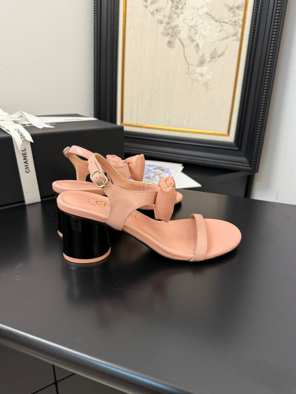CHANEL MID HEEL 45 MM SANDALS IN PEACH PINK CALFSKIN