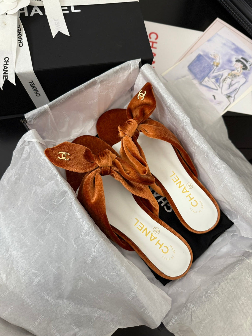 CHANEL 25C Thong Sandal Bow Pumpkin Velvet fabric 233565