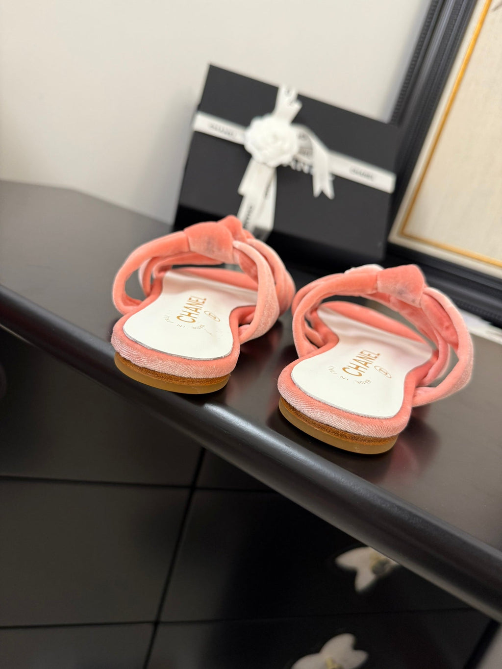 CHANEL 25C Three Strap Mule Pink Velvet fabric 233561