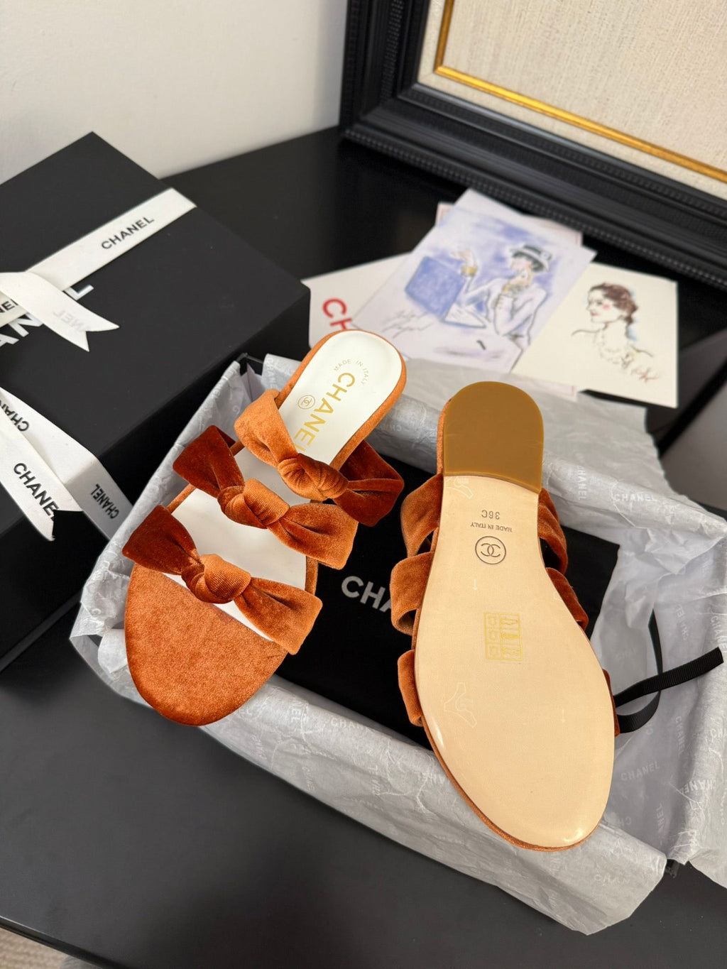 CHANEL 25C Three Strap Mule Pumpkin Velvet fabric 233560