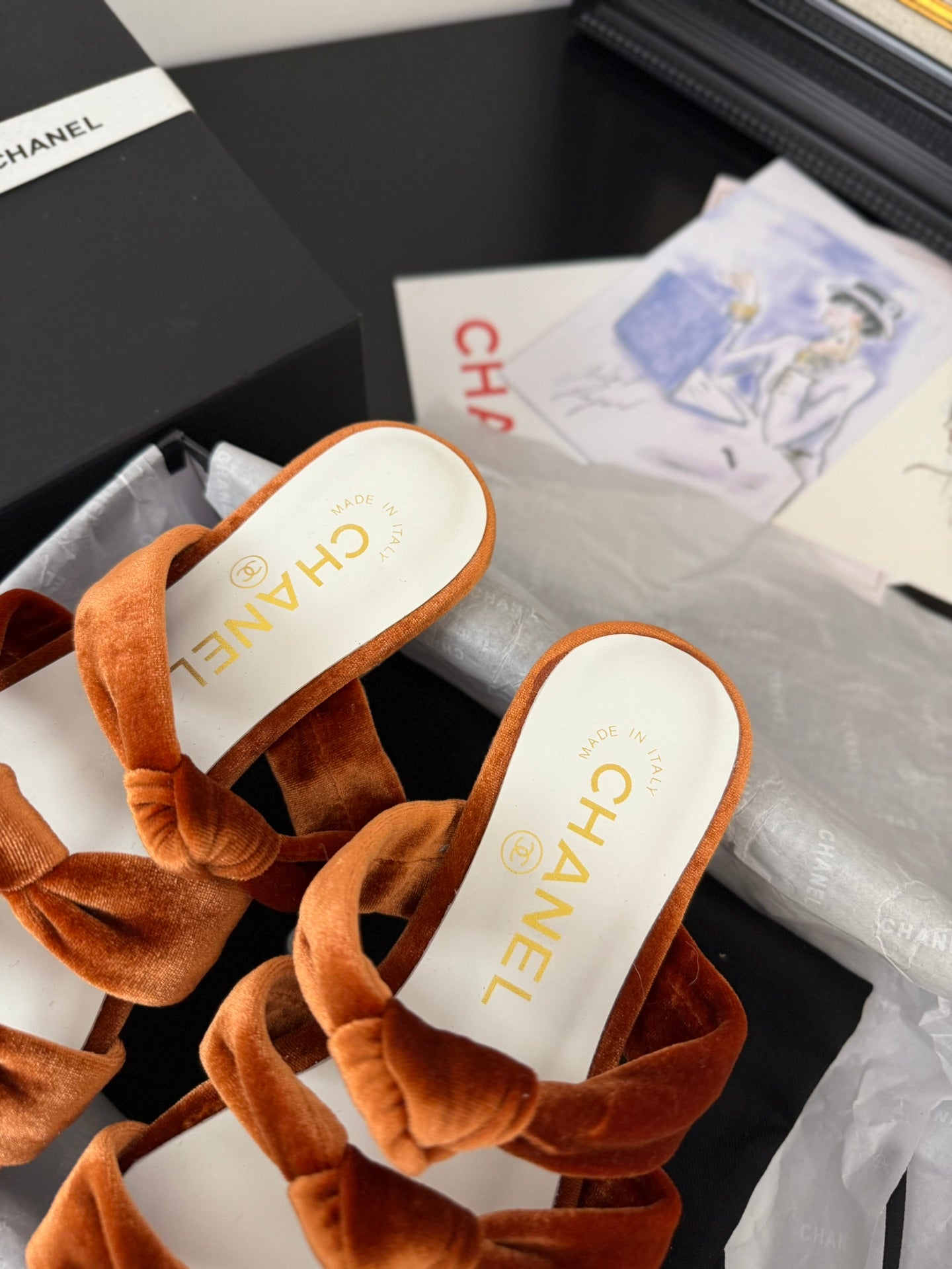 CHANEL 25C Three Strap Mule Pumpkin Velvet fabric 233560