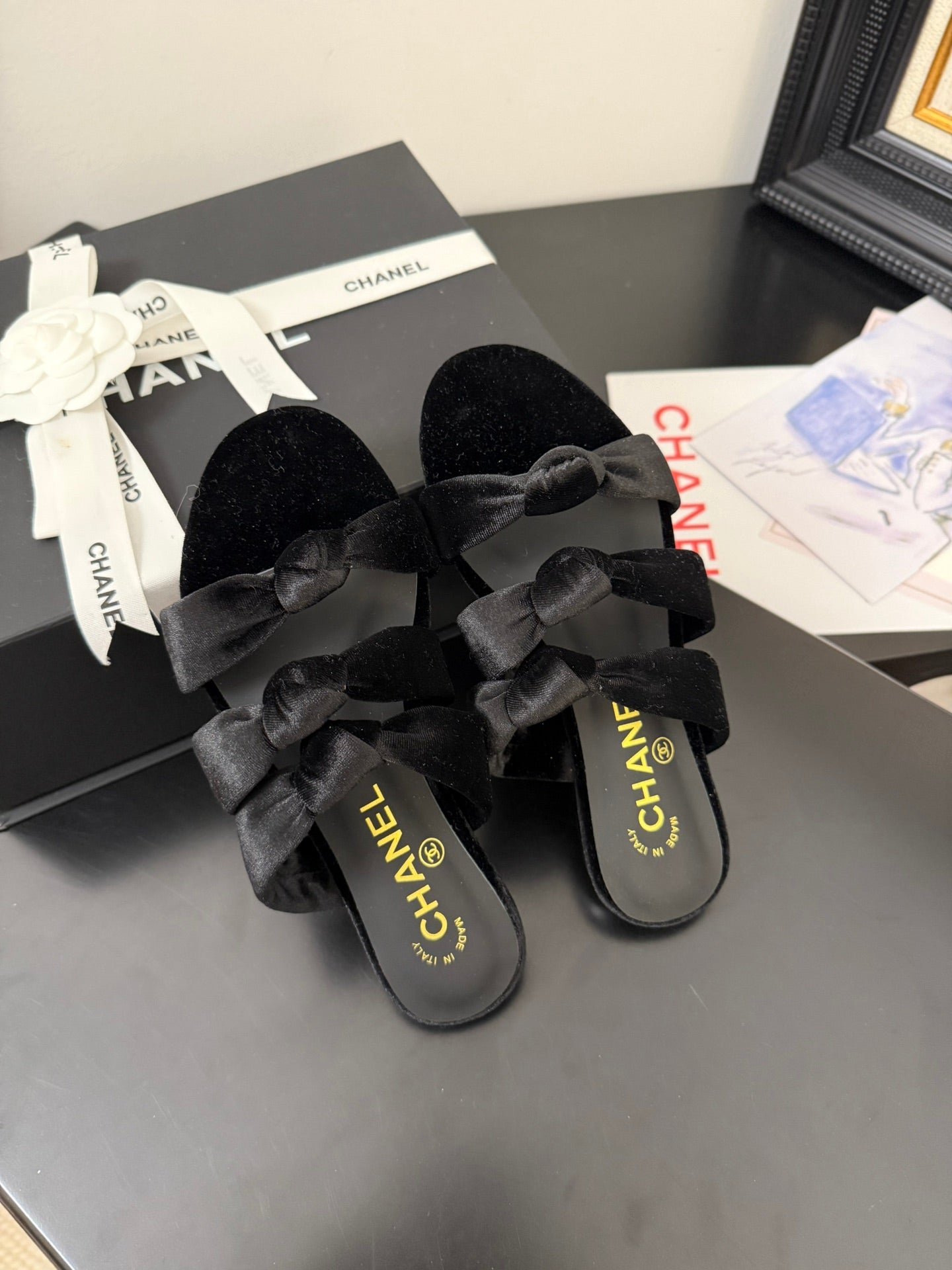 CHANEL 25C Three Strap Mule Black Velvet fabric 233559