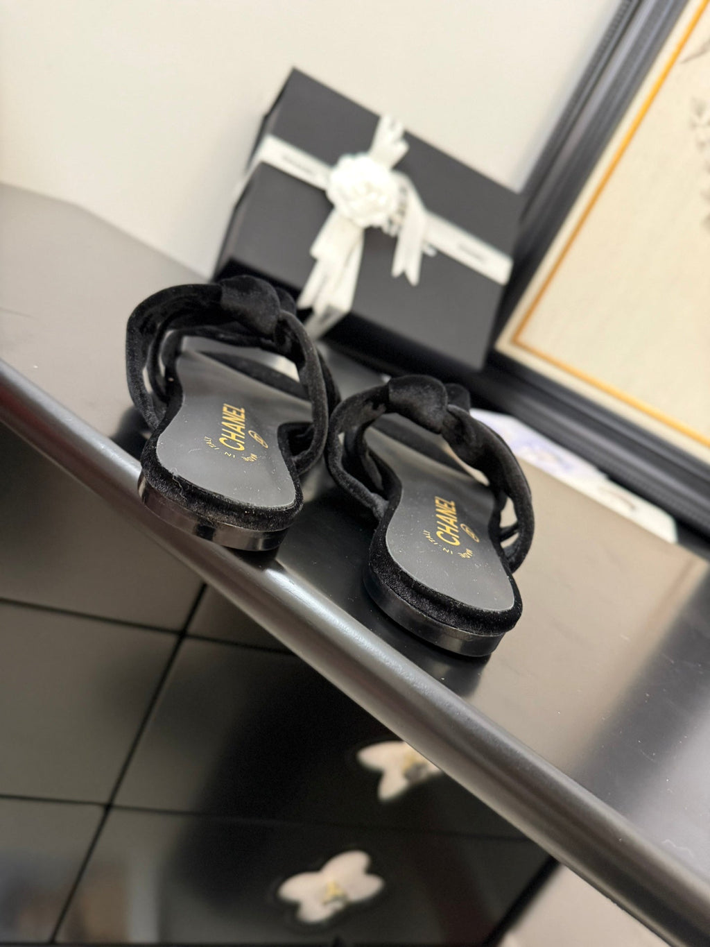 CHANEL 25C Three Strap Mule Black Velvet fabric 233559