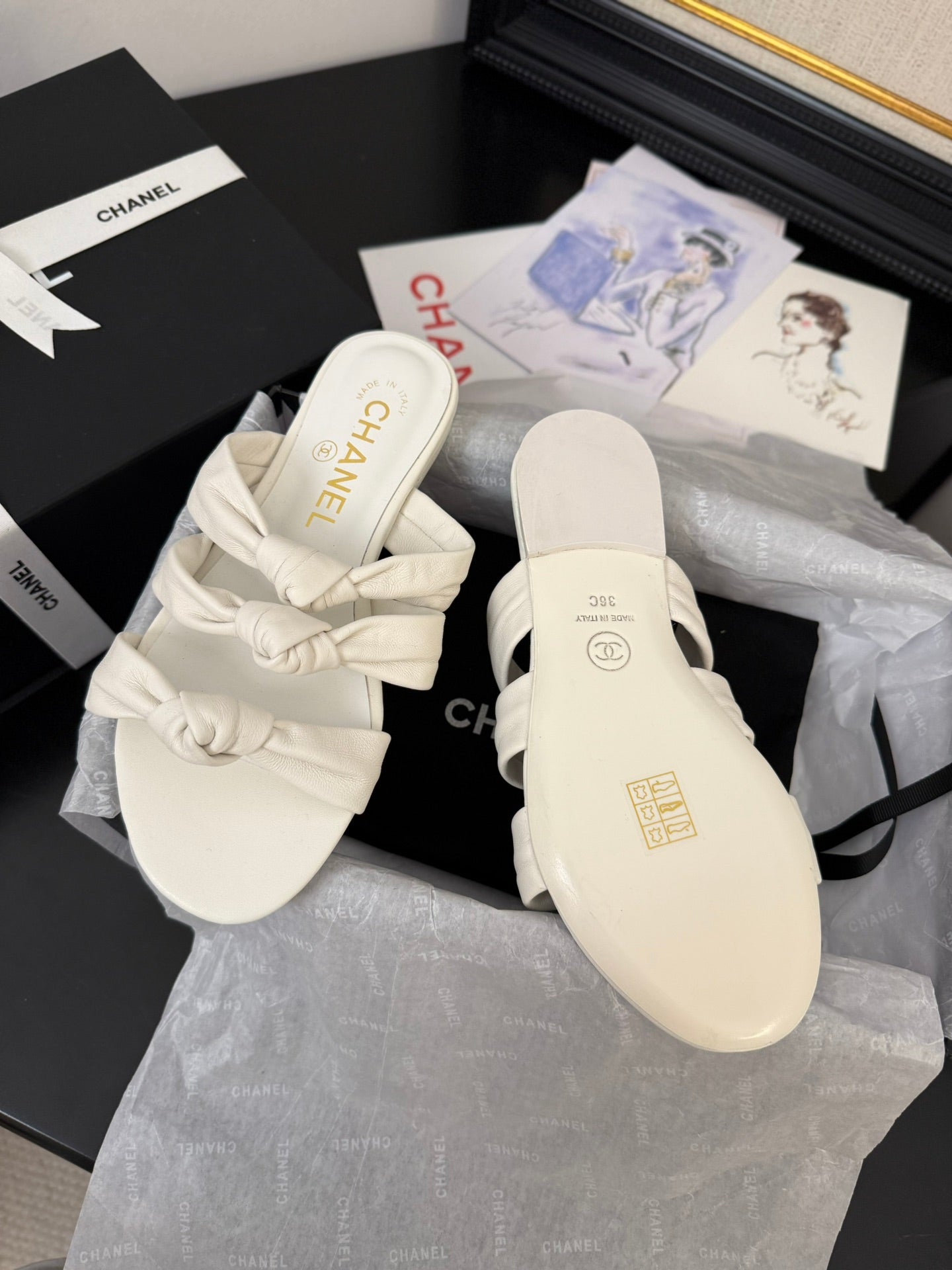 CHANEL 25C Three Strap Mule White Lambskin 233558