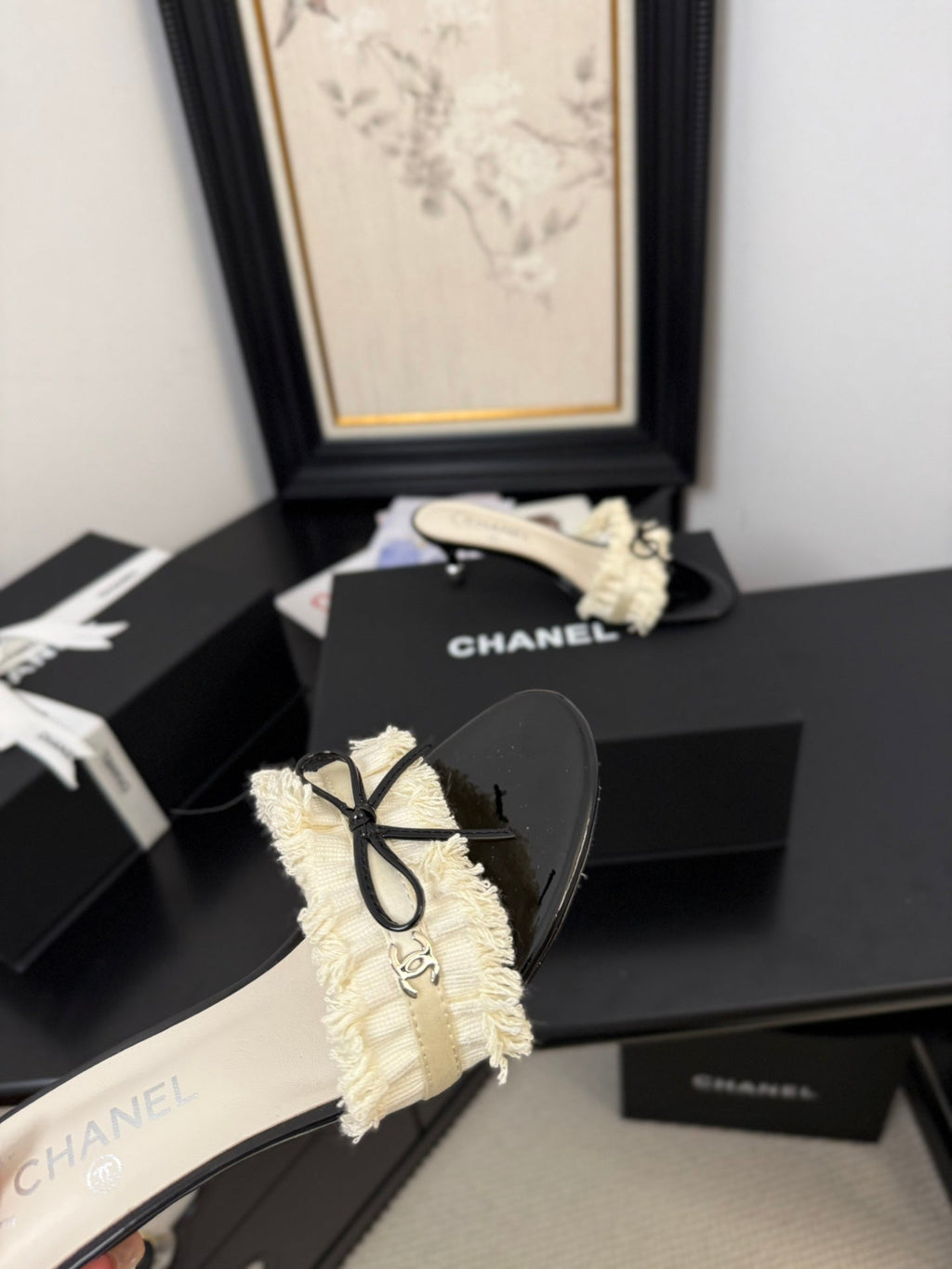 CHANEL WHITE GROSGRAIN CANVAS BOW MULE SANDALS 65 MM