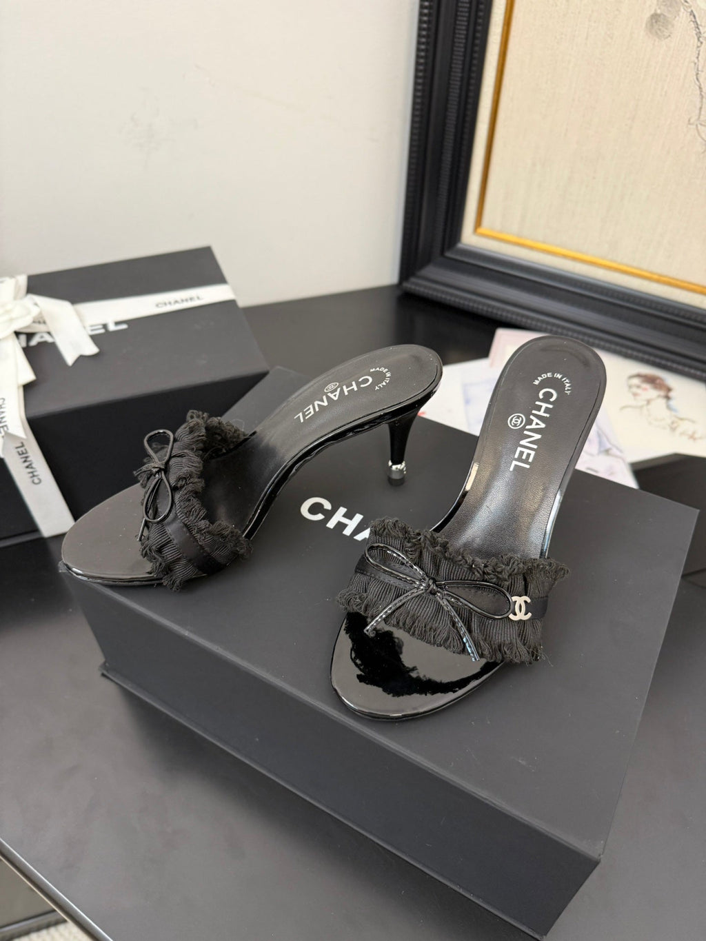 CHANEL BLACK GROSGRAIN CANVAS BOW MULE SANDALS 90 MM