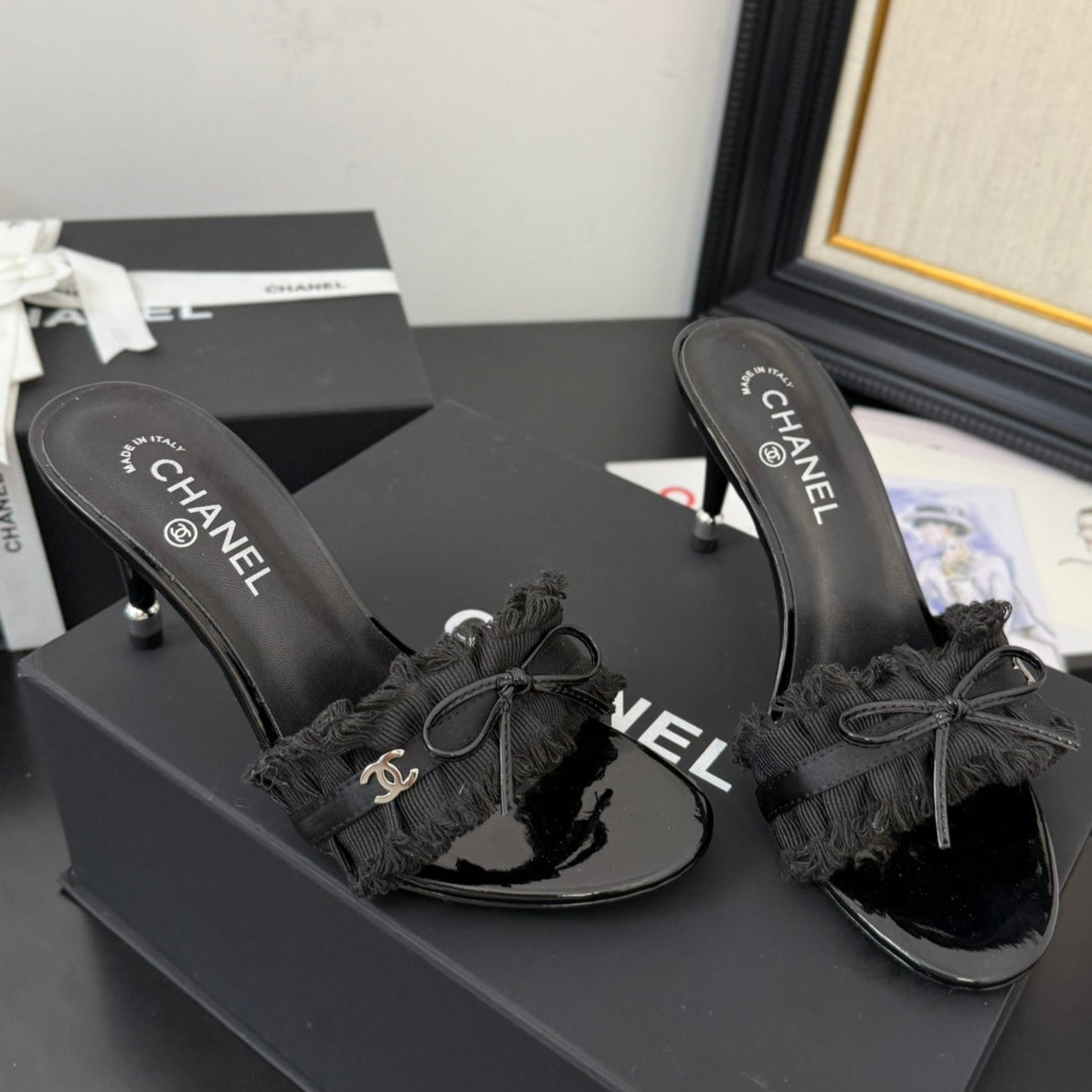 CHANEL BLACK GROSGRAIN CANVAS BOW MULE SANDALS 90 MM