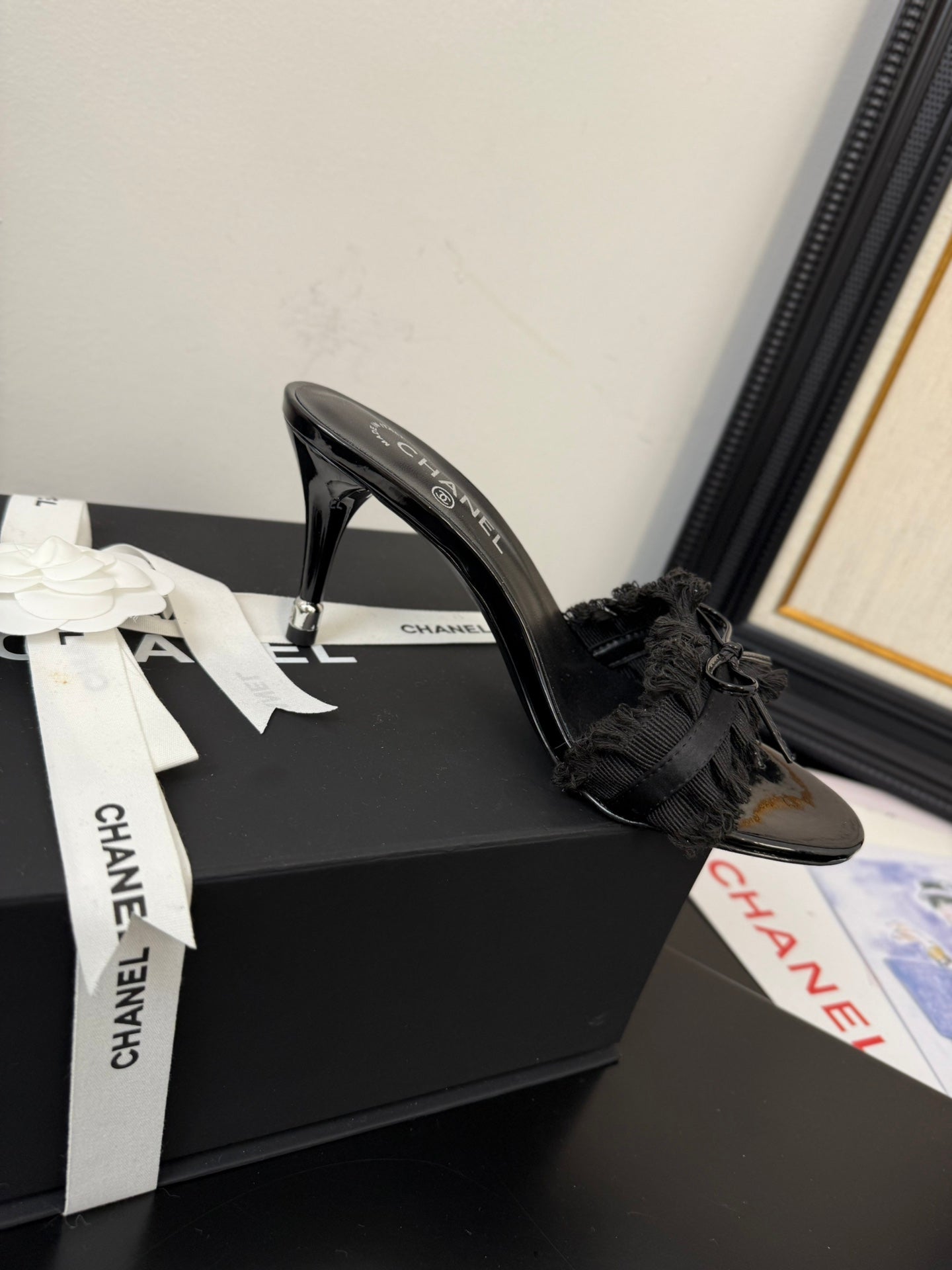 CHANEL BLACK GROSGRAIN CANVAS BOW MULE SANDALS 90 MM