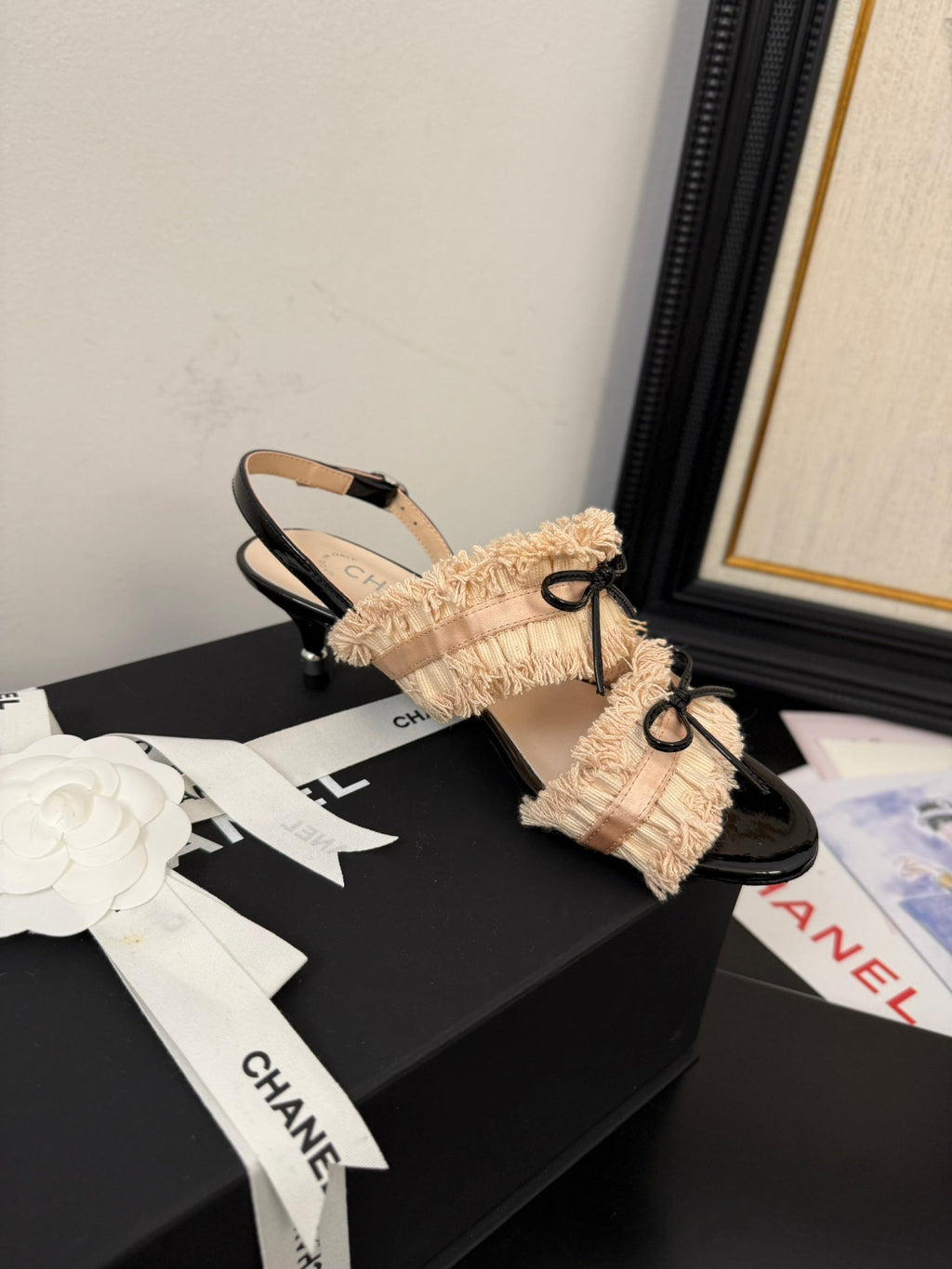 CHANEL PEACH PINK GROSGRAIN CANVAS BOW SLINGBACK SANDALS 65 MM