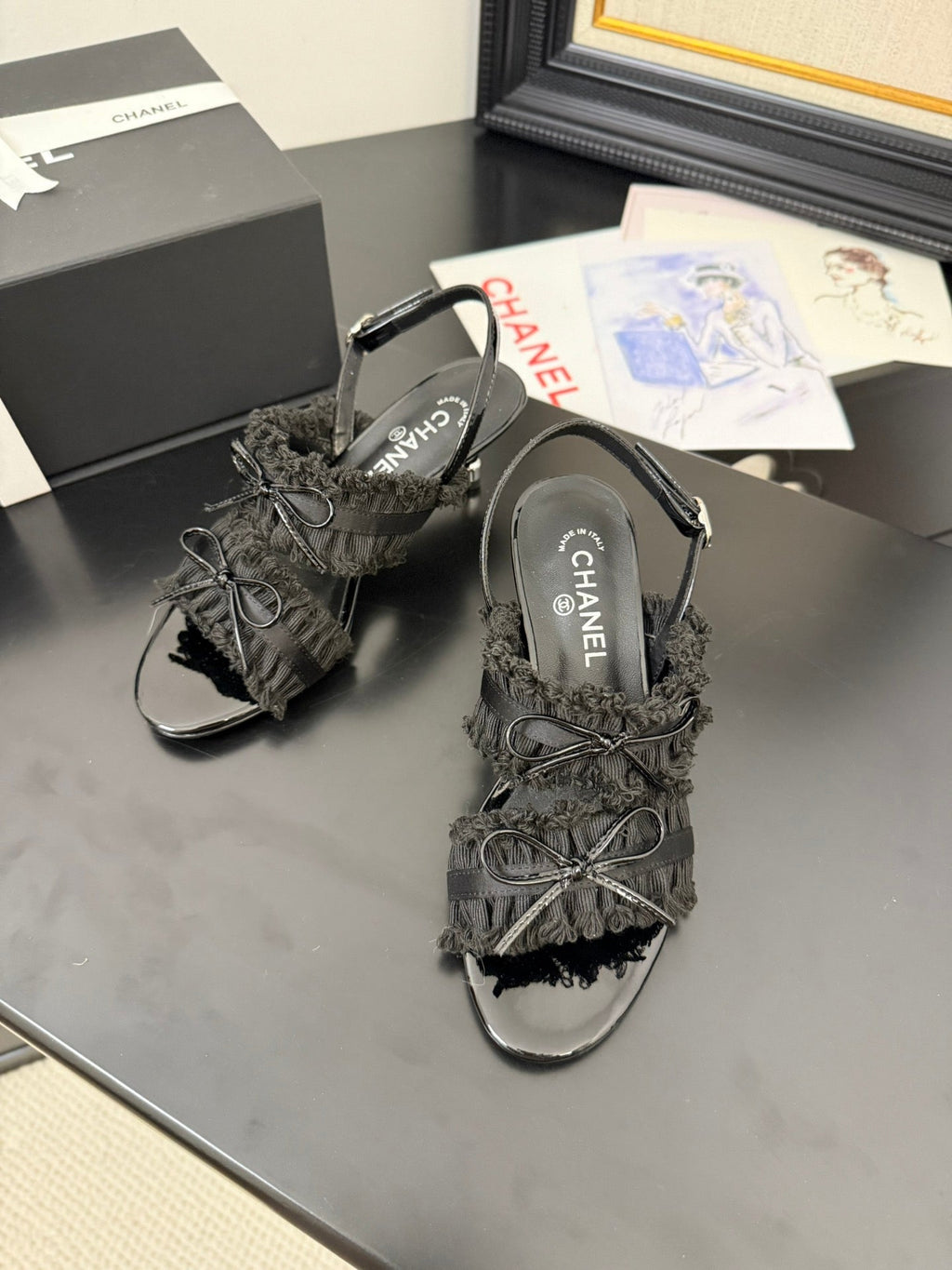 CHANEL BLACK GROSGRAIN CANVAS BOW SLINGBACK SANDALS 65 MM