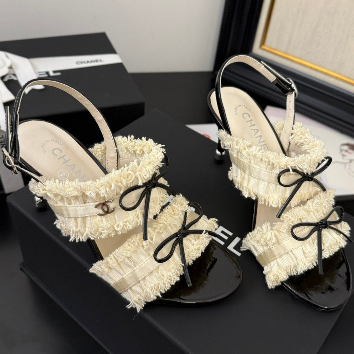 CHANEL WHITE GROSGRAIN CANVAS BOW SLINGBACK SANDALS